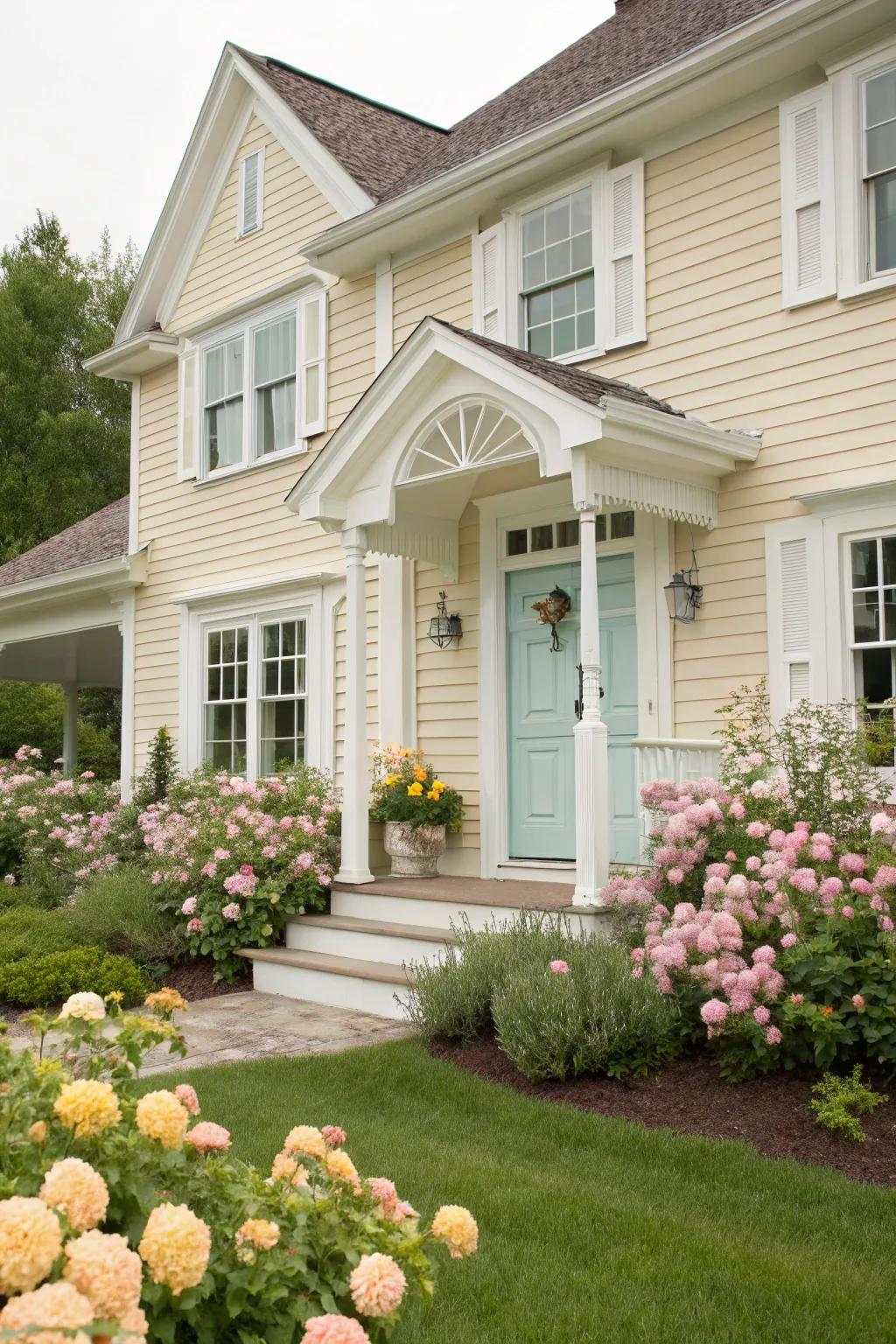 Light azure front door enhances the tranquility of a beige house.