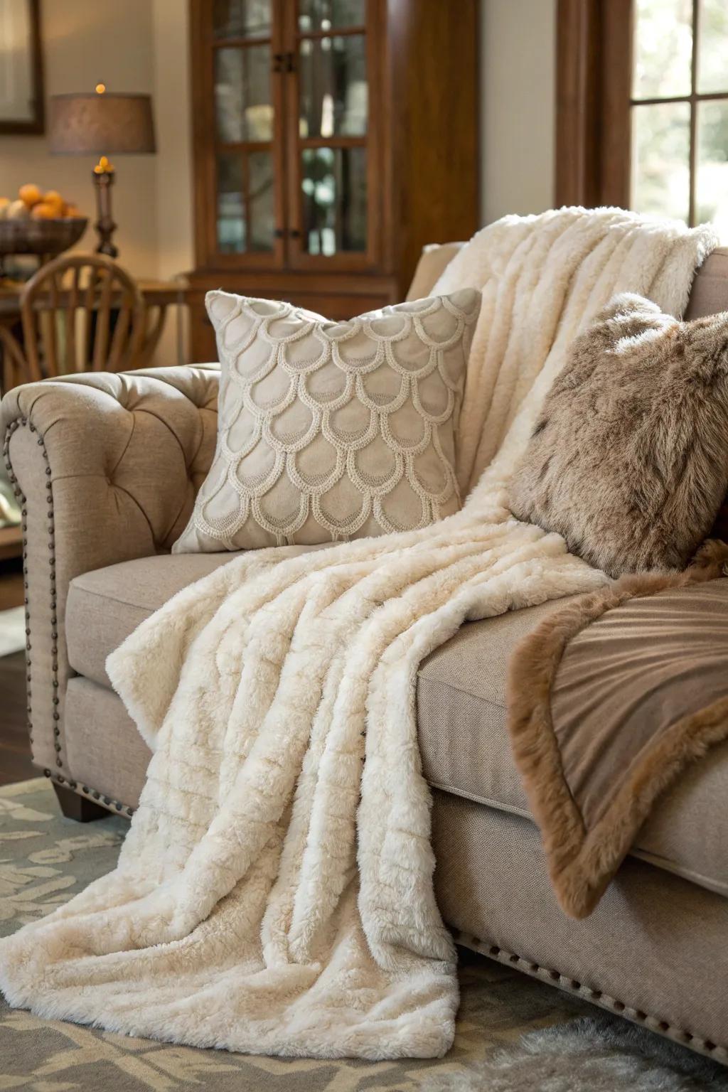 A lavish touch with artificial fur accents in an inviting room.