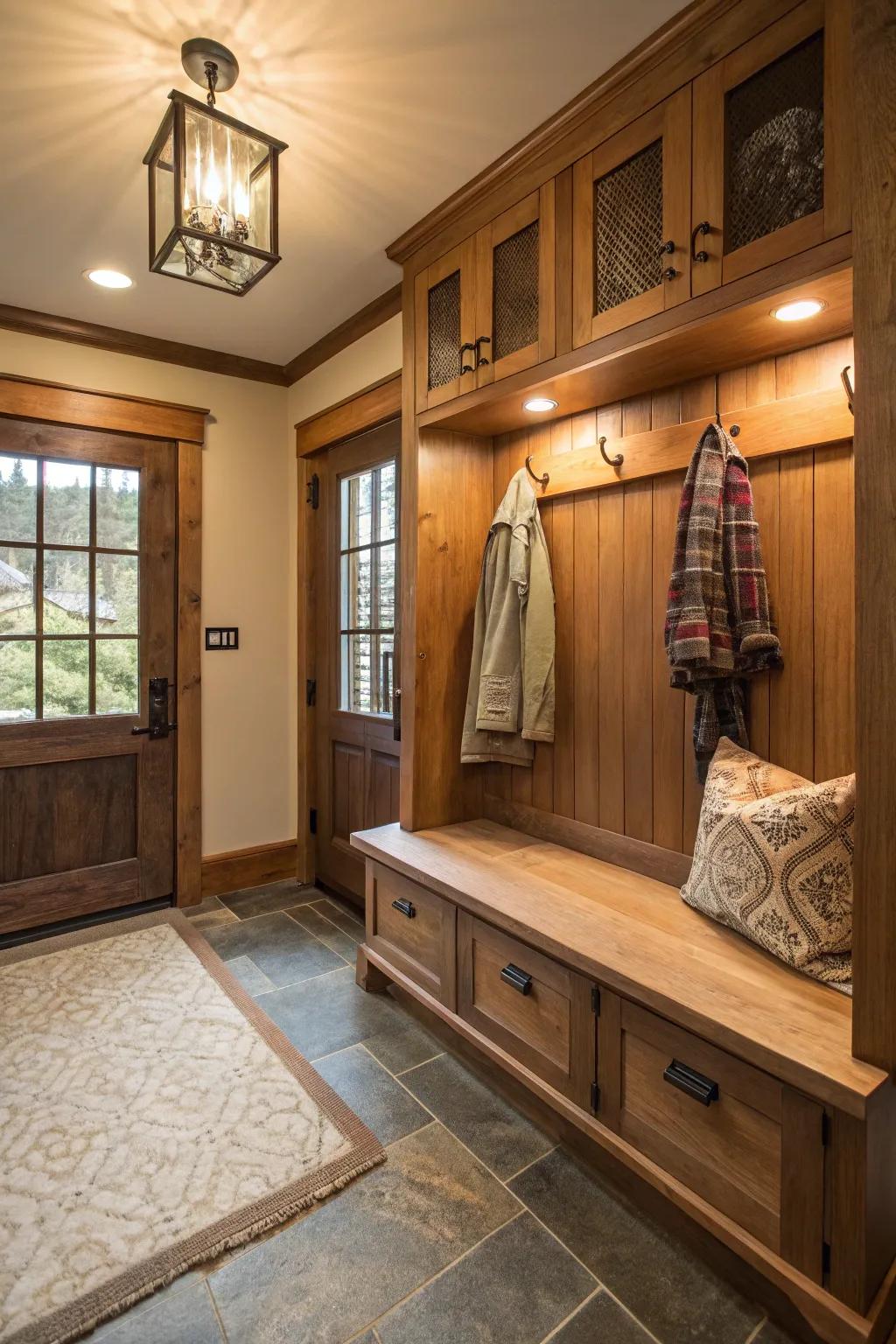 An inviting mudroom seating featuring warm illumination for added ambiance.