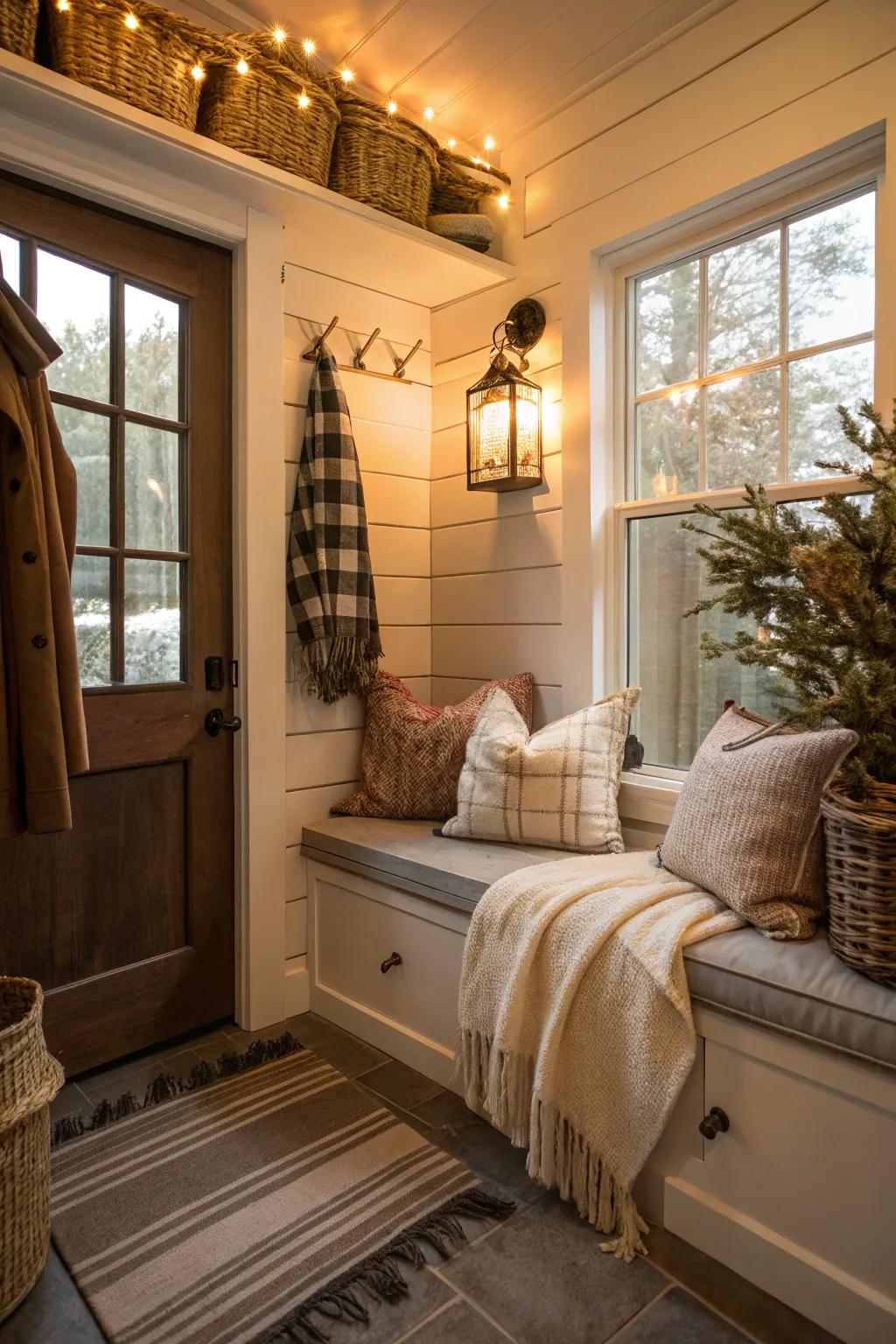 A cozy nook brings comfort and warmth to the mudroom.