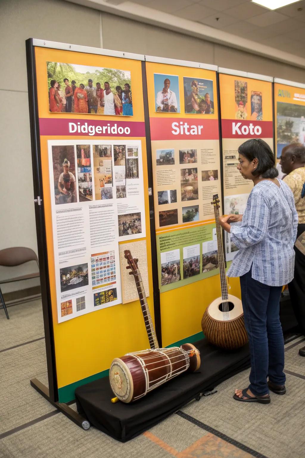 A global music exploration bulletin board with world instruments.