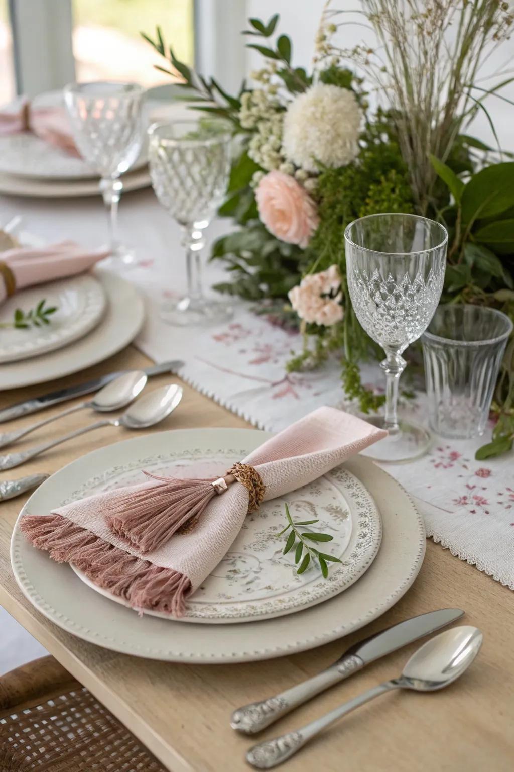 The Tassel Tie fold adds an exquisite touch to your dining decor.