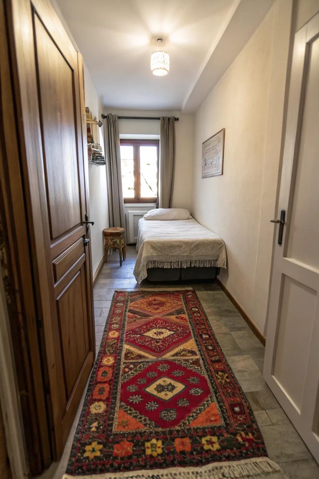 A bold rug anchors and adds character to a narrow bedroom.