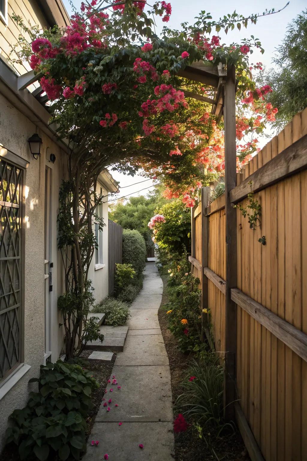 A trellis offers support and beauty in a narrow garden.