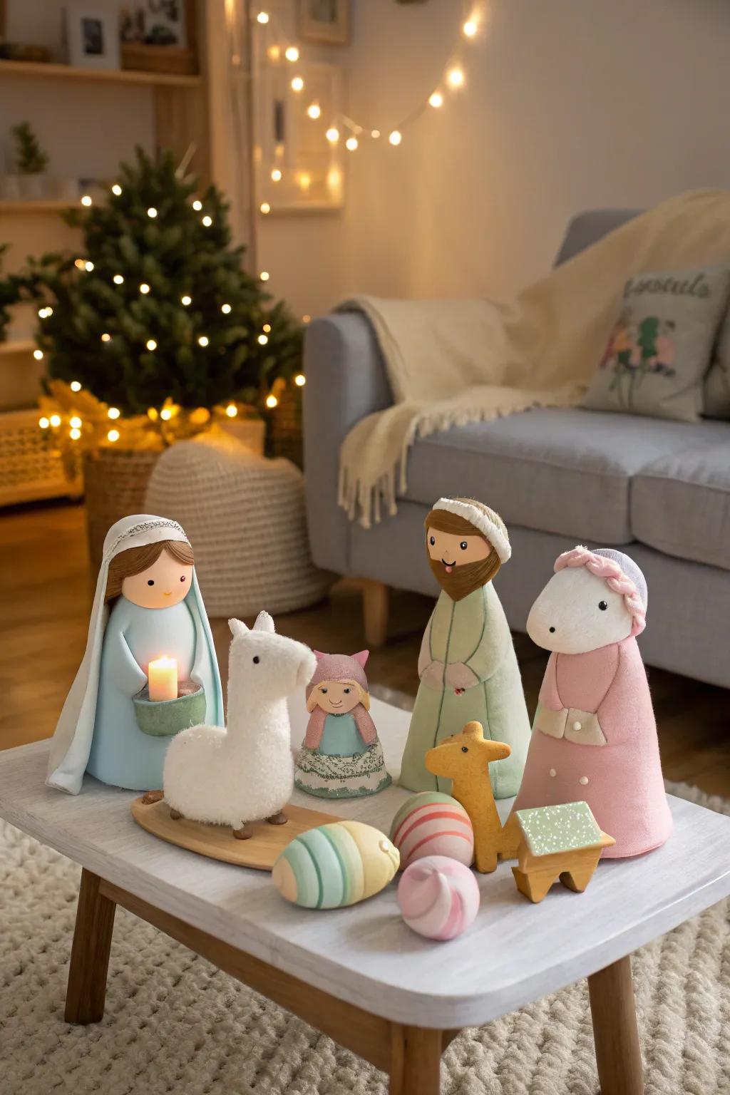 A children's alcove featuring a playful, interactive nativity display.