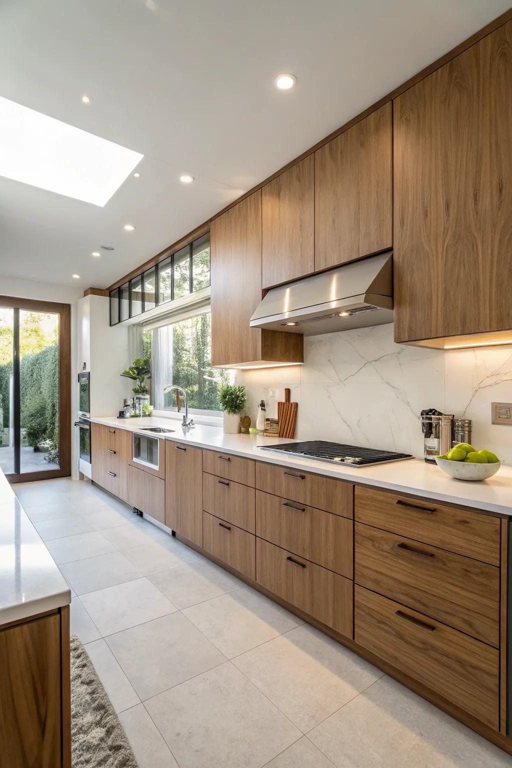 Elevated cabinets cultivate a spacious, contemporary aesthetic.