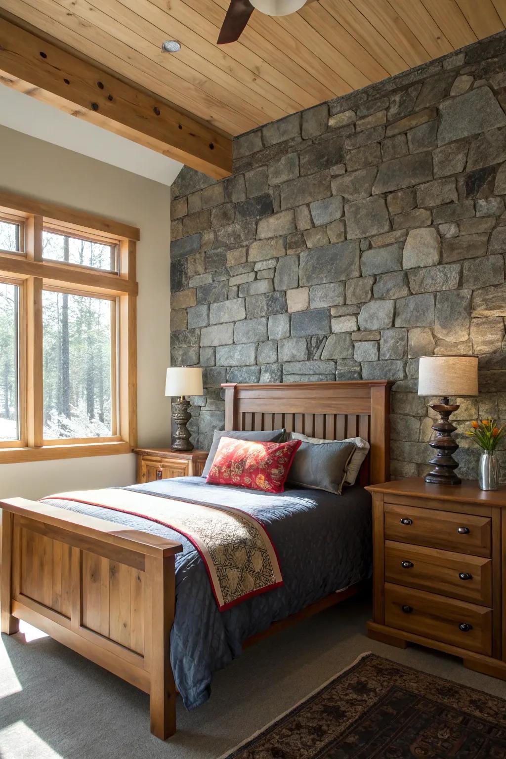 Stone details enhance both structure and natural beauty to the bedroom.