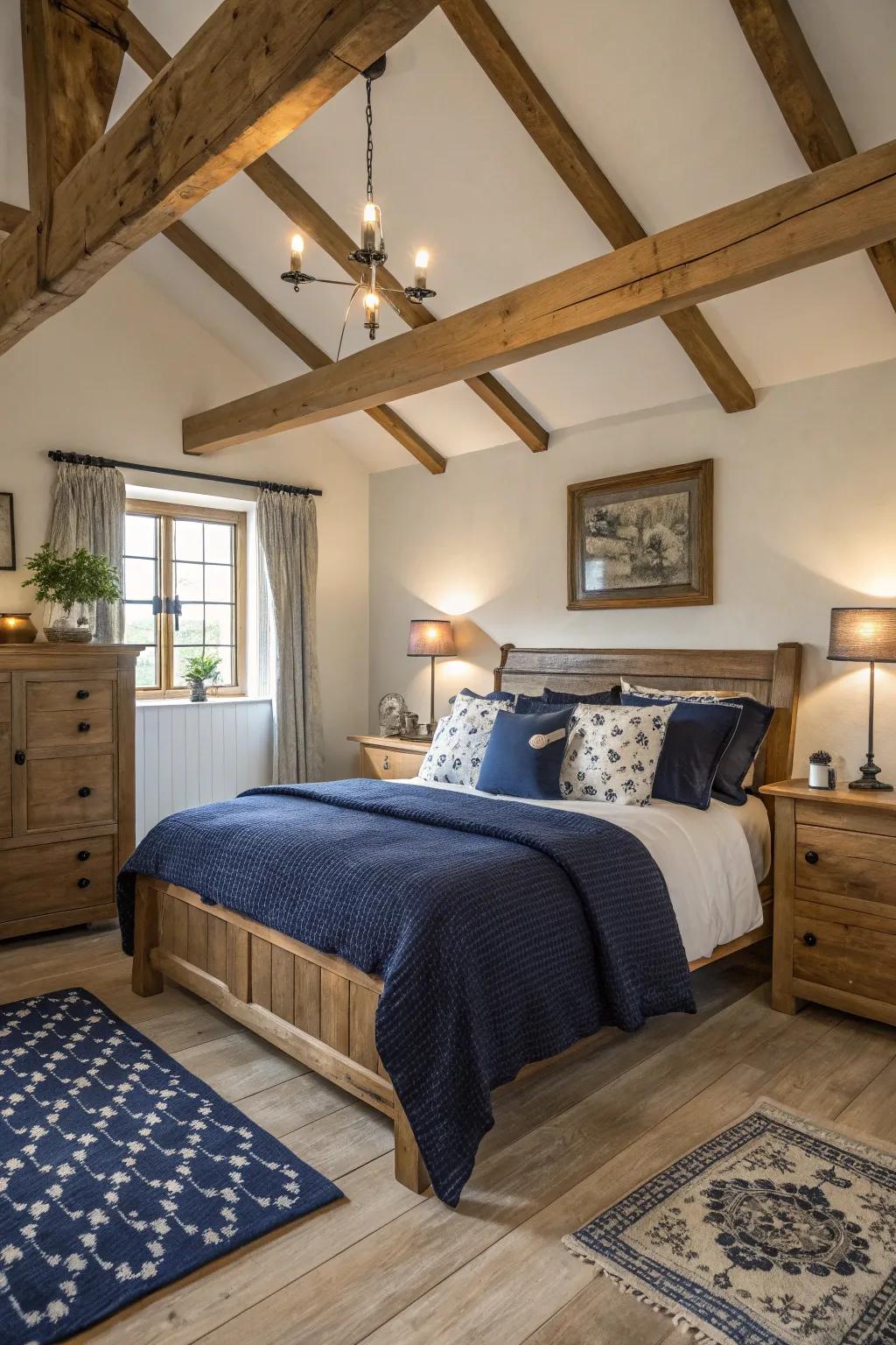 Blend navy with rustic charm for a cozy farmhouse feel.