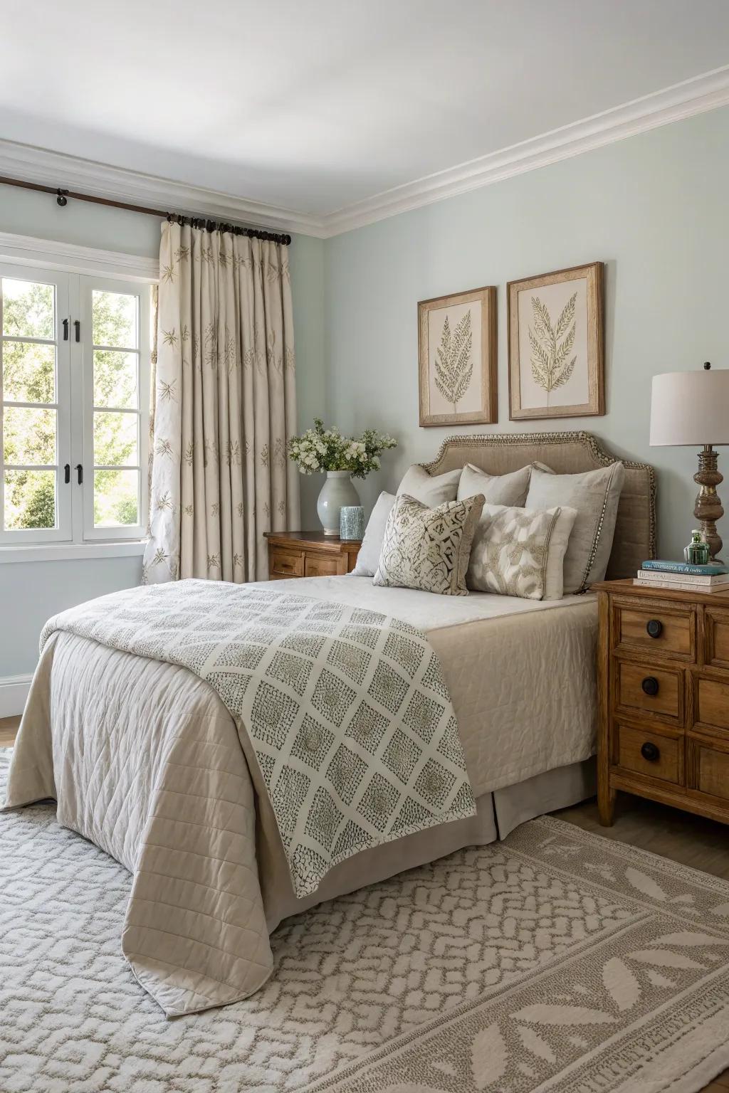 Subtle patterns add dynamic interest to a neutral bedroom.
