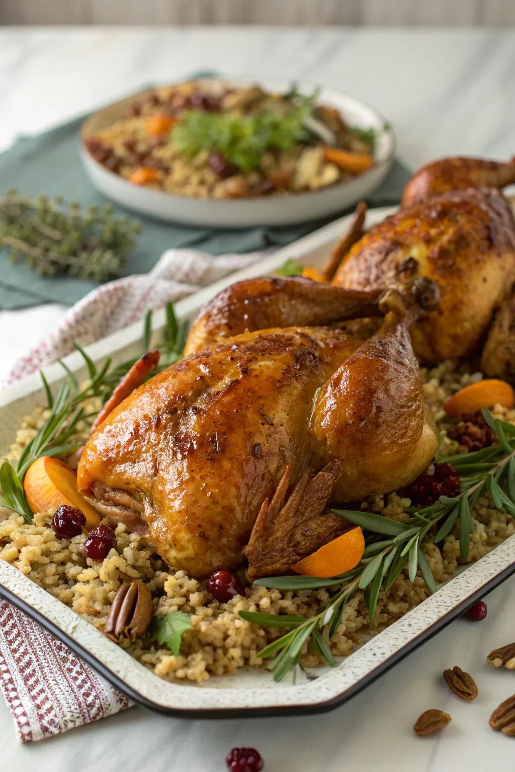 Glazed game hens with rice stuffing, adding an elegant touch to the New Year's table.