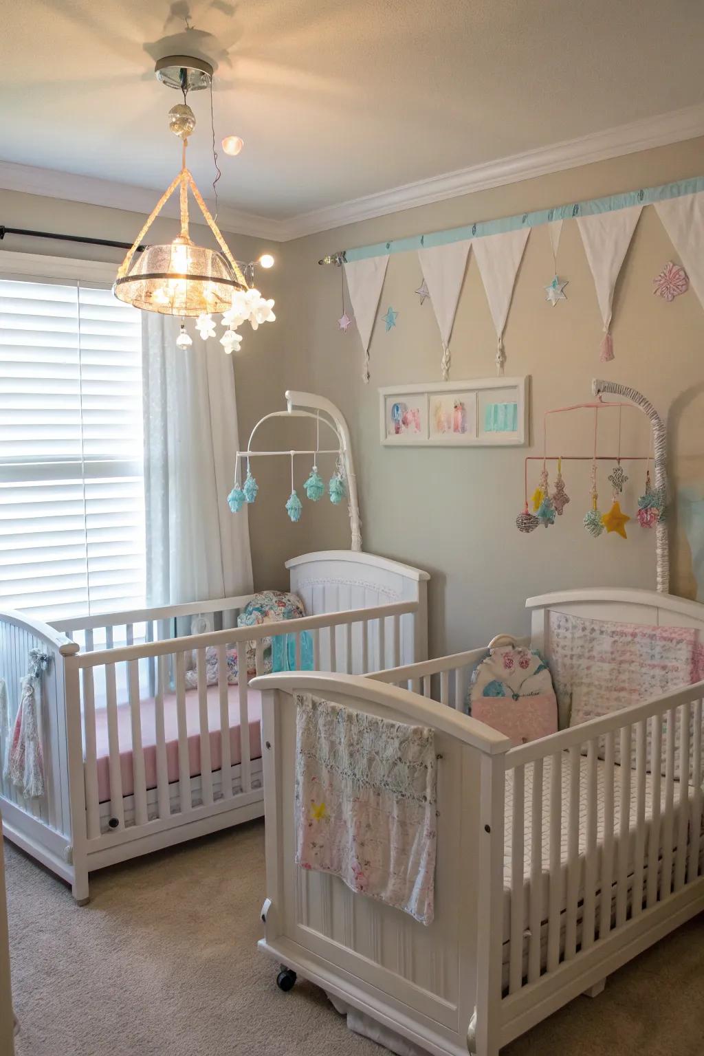 Twin-themed decor creates a harmonious and enchanting nursery.
