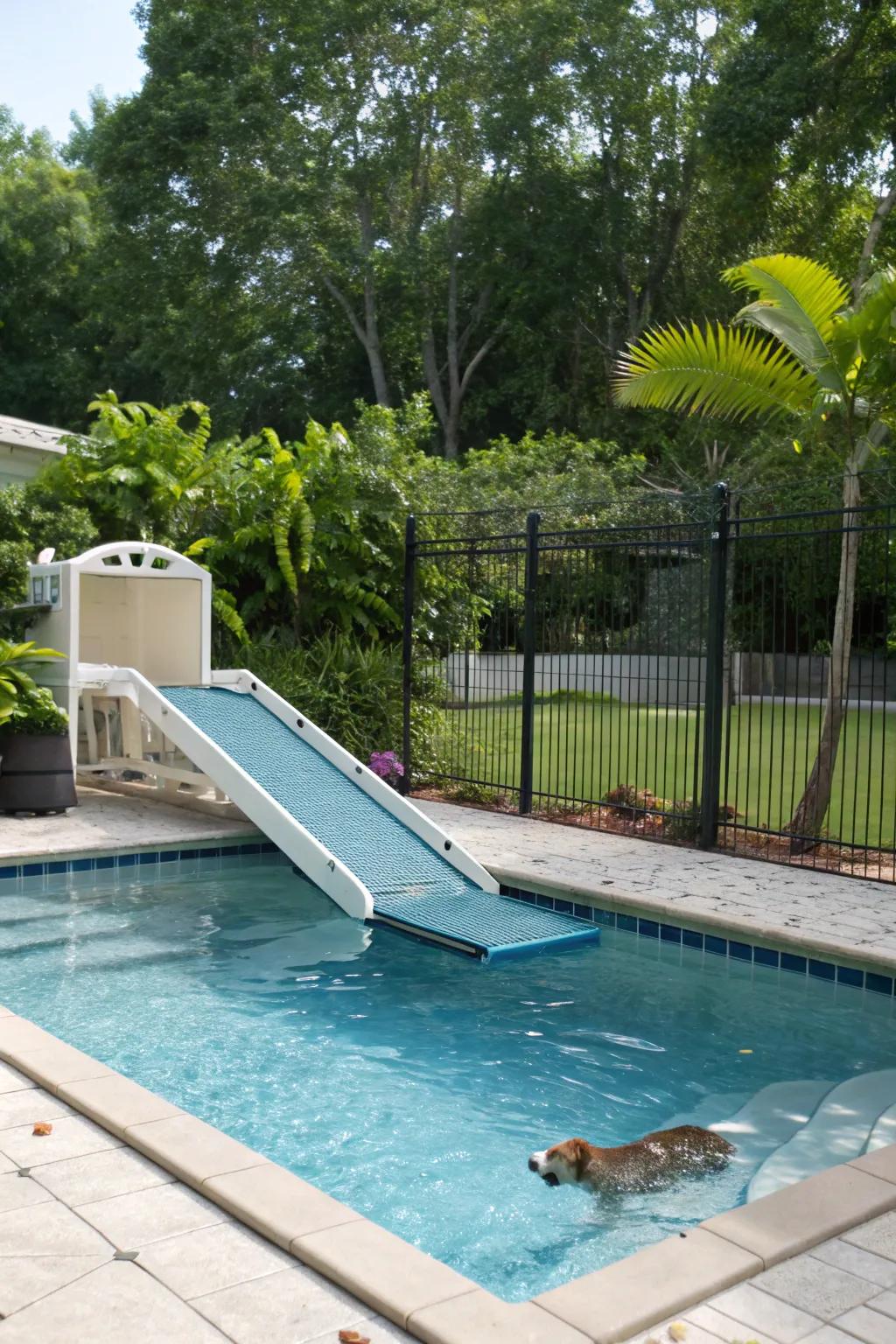 A pet-friendly pool with features for safe and fun water play.