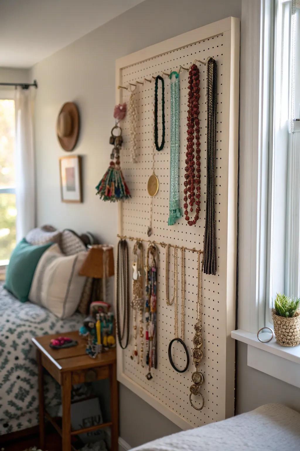 Pegboards provide customizable storage solutions.