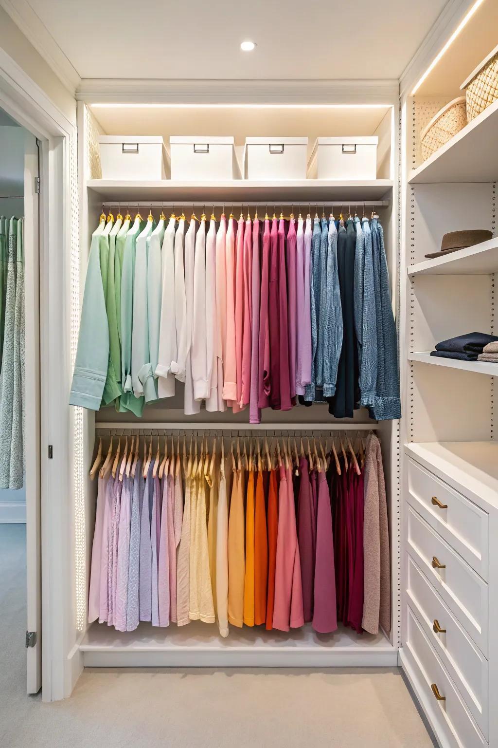 Color-coordinated clothing arrangement in an open closet