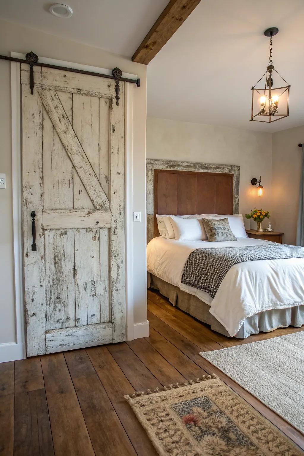 An antique door imparts rustic charm and character to the bedroom.