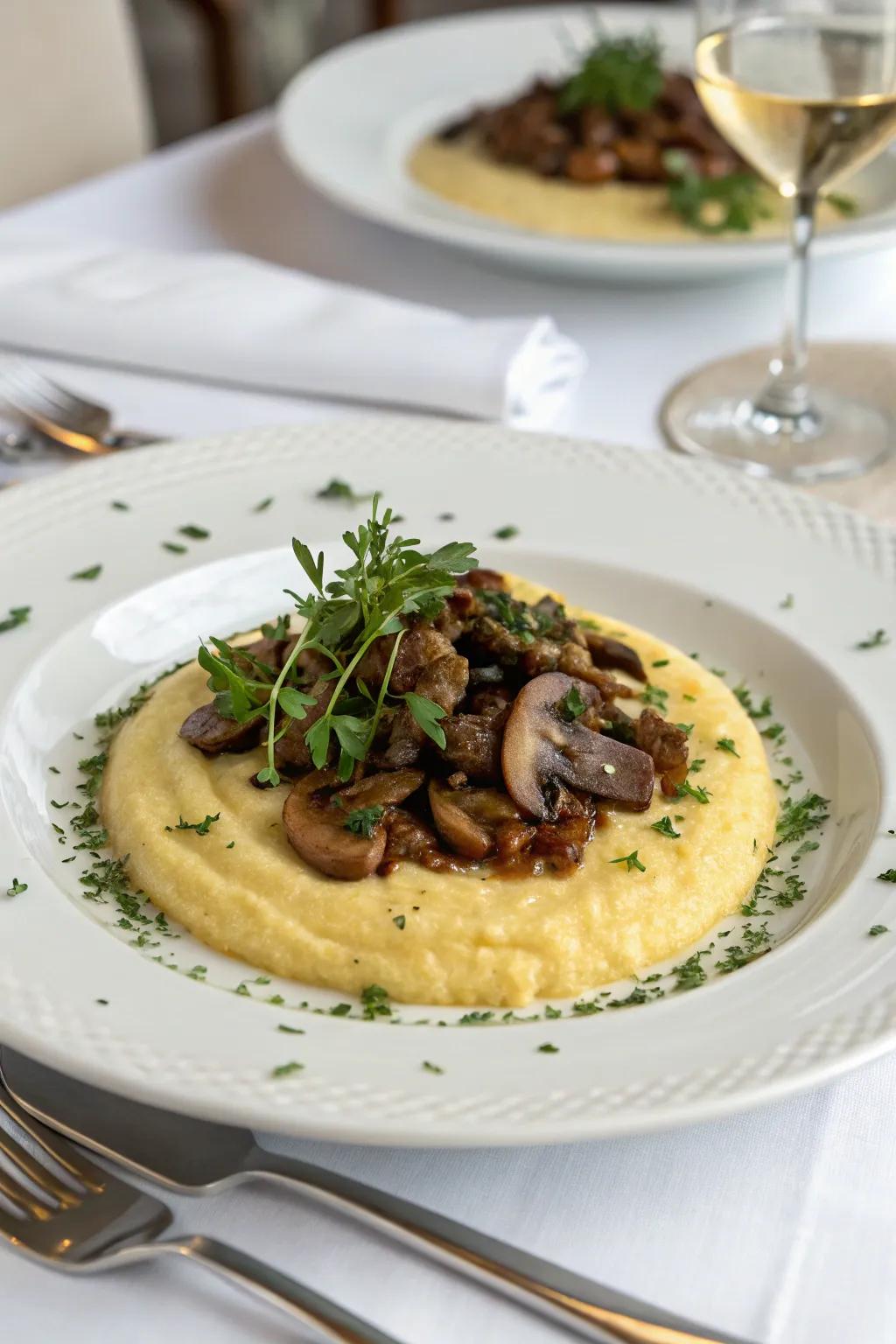 Polenta accompanied by mushroom ragú: A dish that is both refined and comforting.