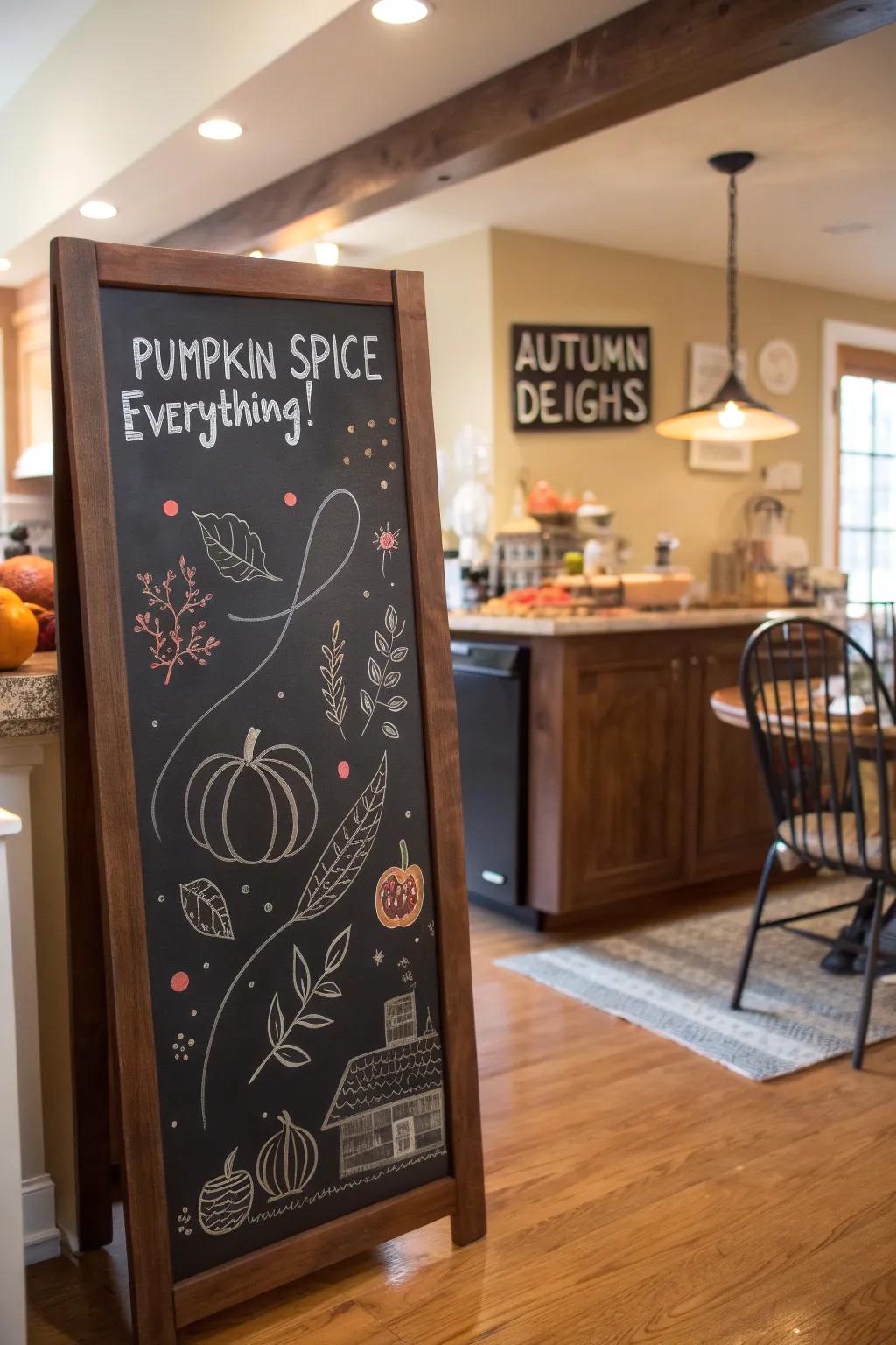 A playful pumpkin spice-inspired chalkboard design celebrating fall flavors.