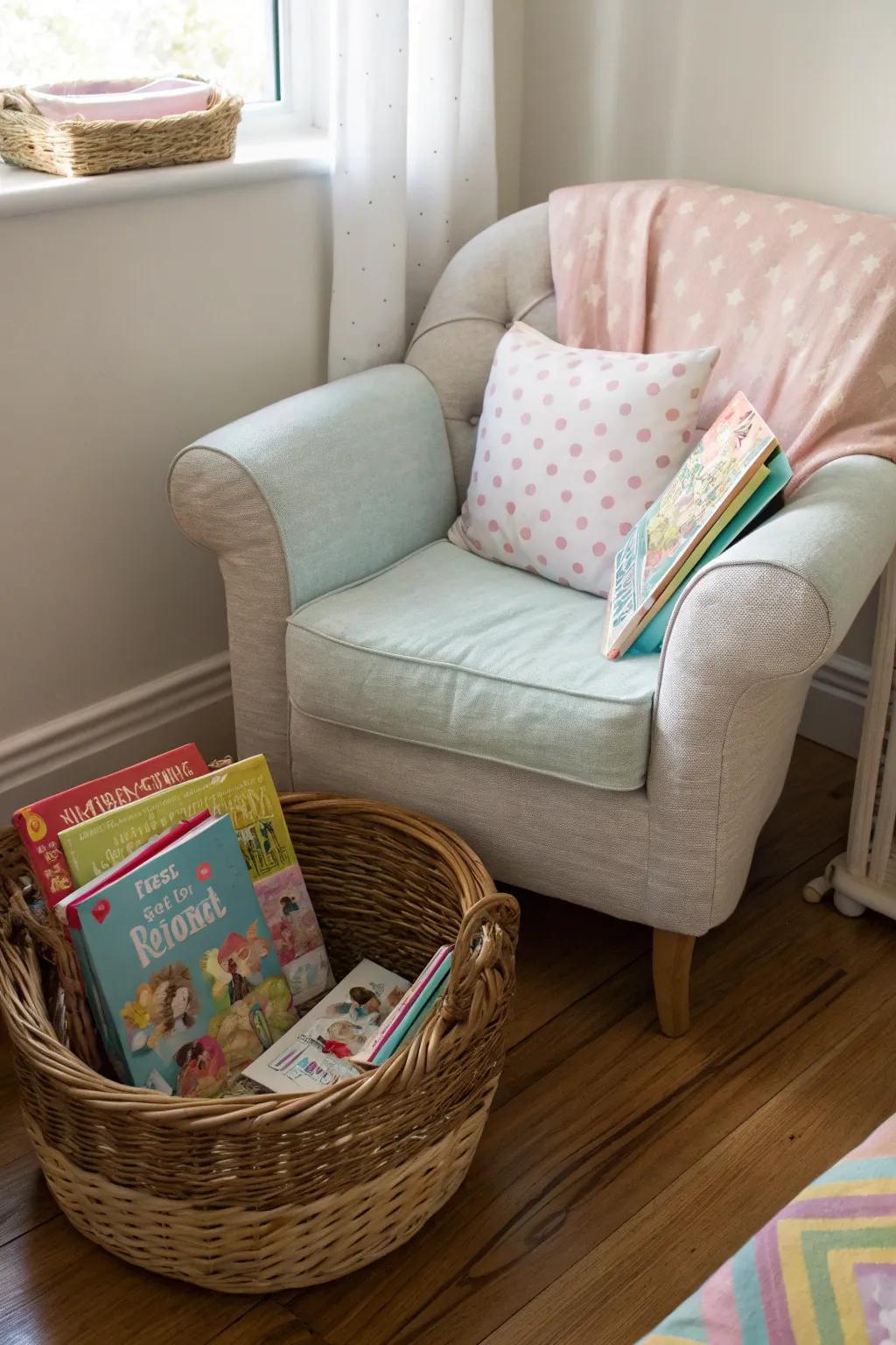 A reading corner extends a snug locale for narrative sessions.