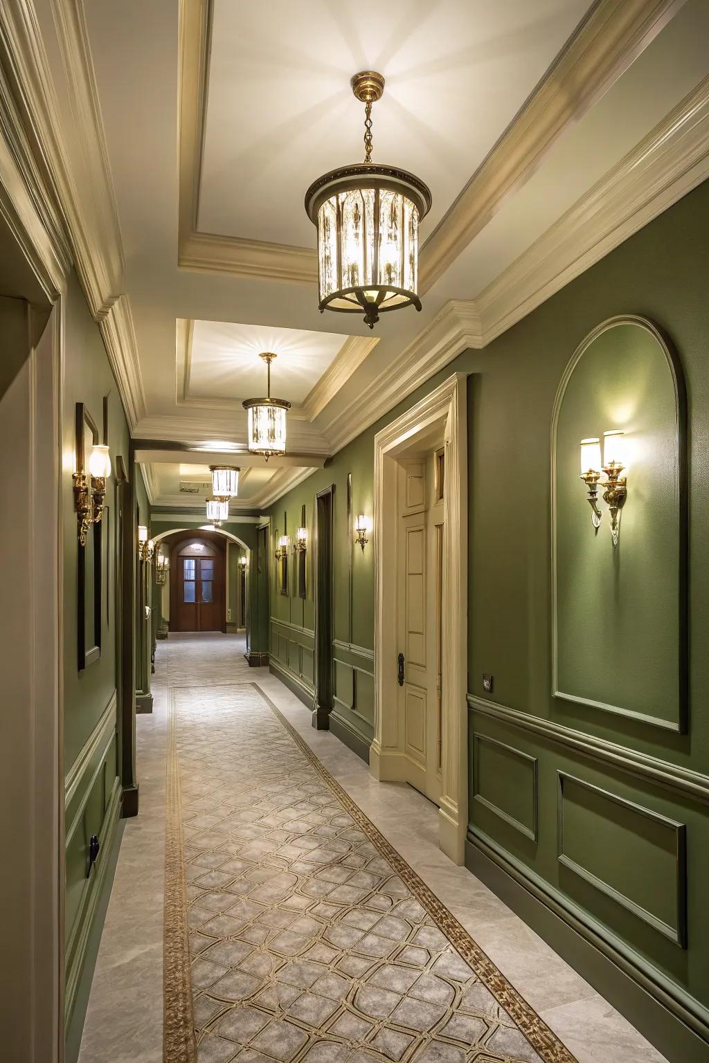 A stylish corridor enhanced by woodland moss walls.
