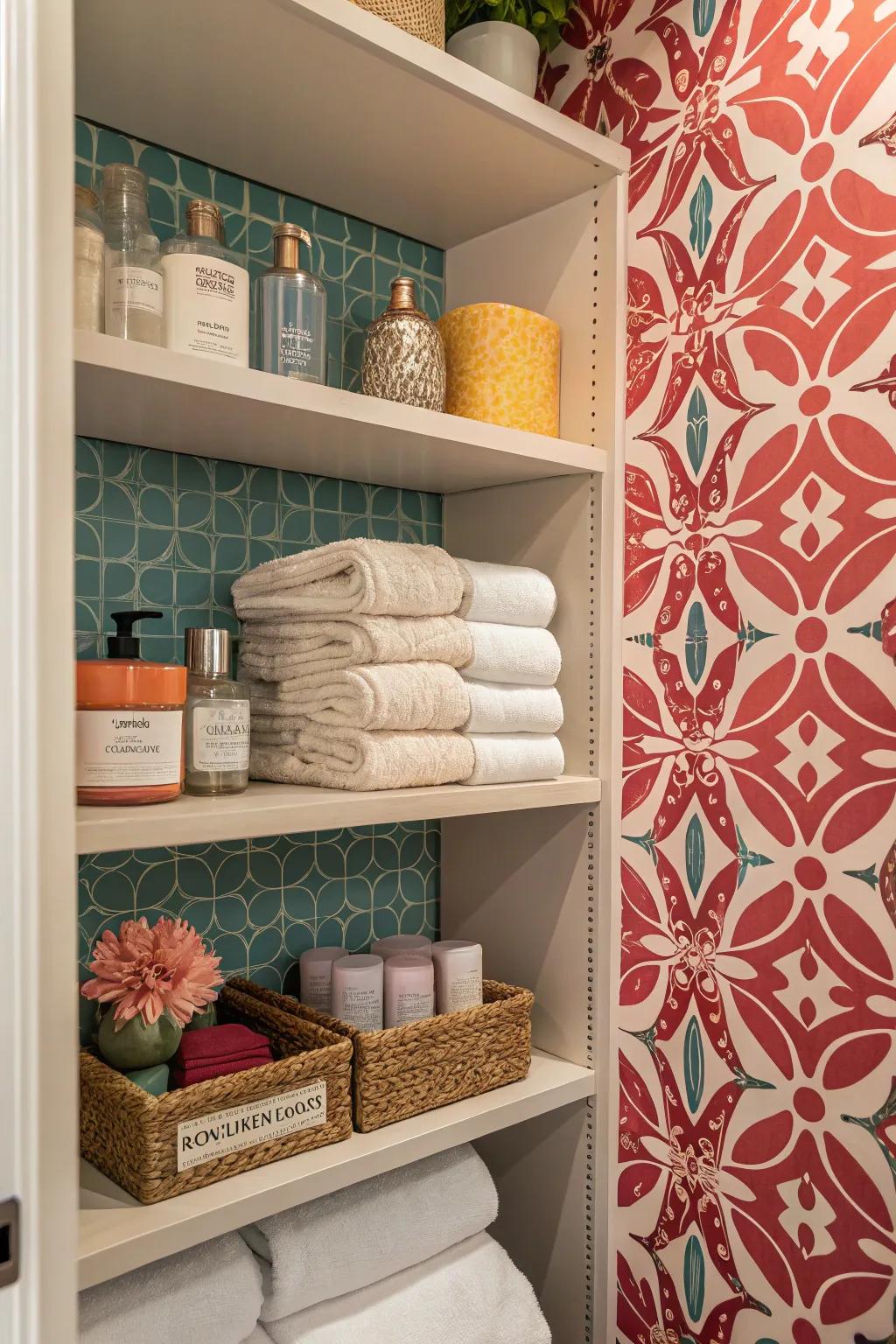 A highlight wall enriches the ambiance across exposed bathroom shelving.