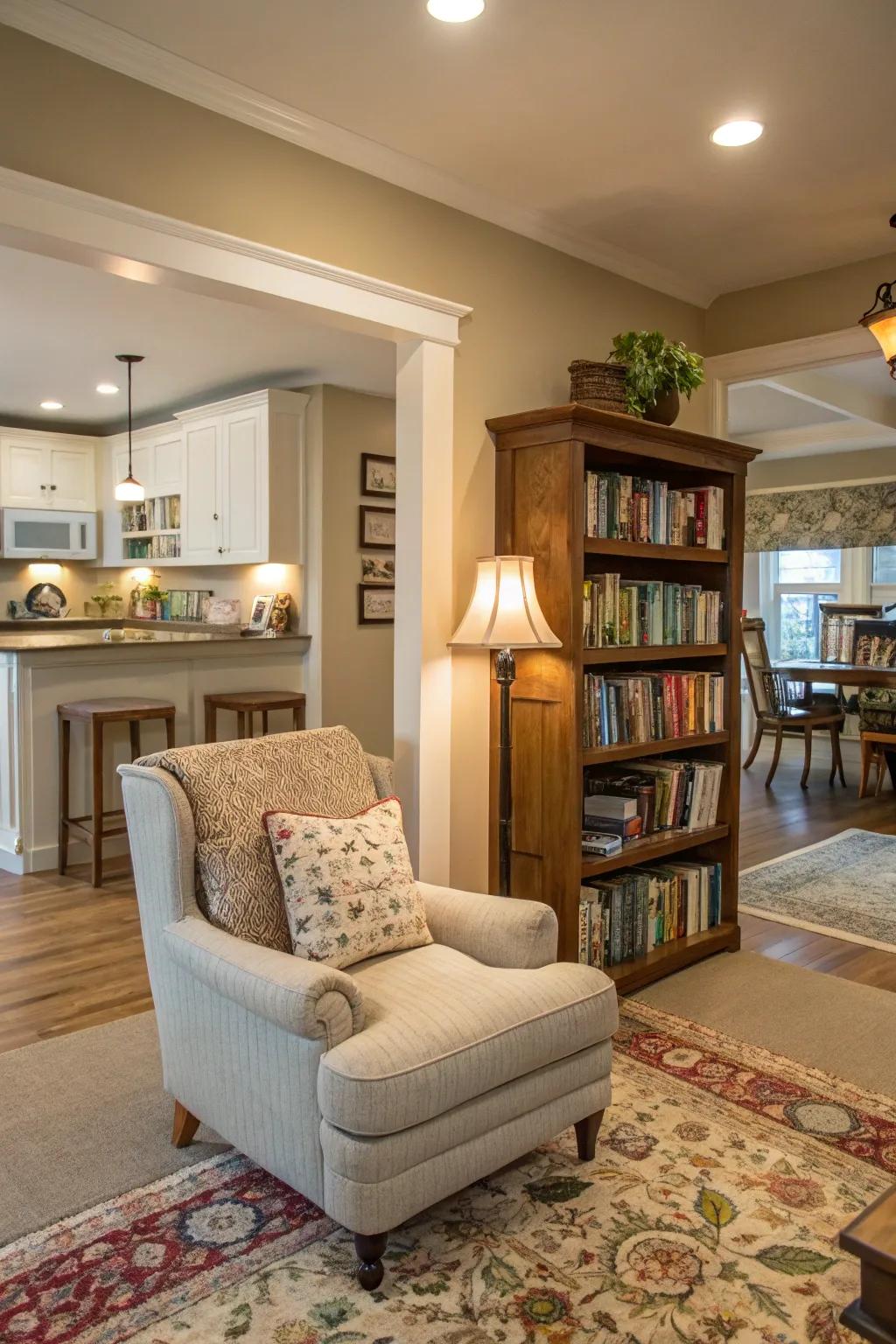 A reading nook offers a serene escape within the open space.