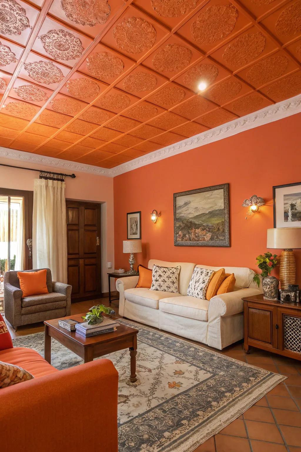 An orange ceiling injects an unexpected and stylish twist into this living space.