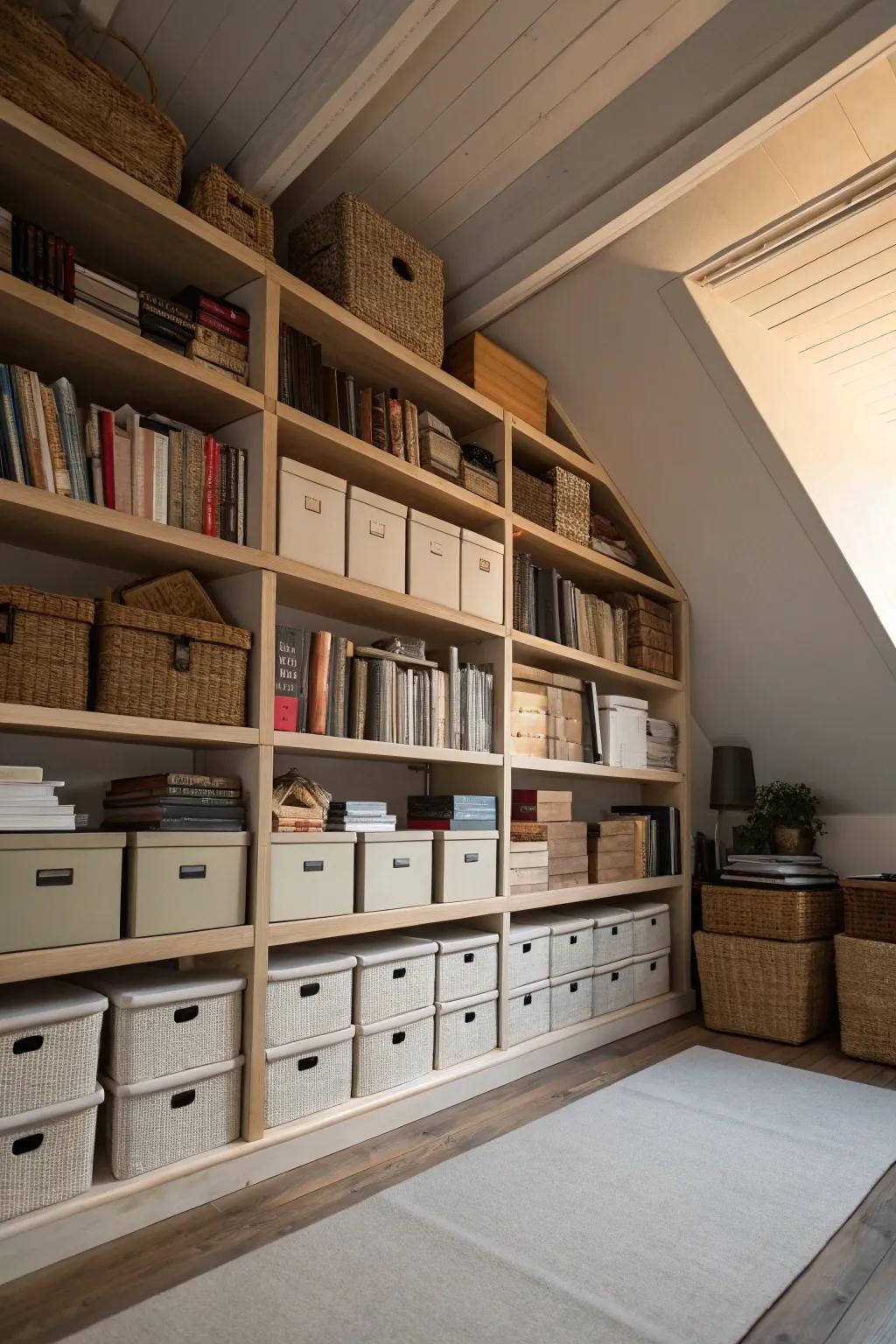 Elevated shelves ensure that less frequently used objects are neatly stowed.