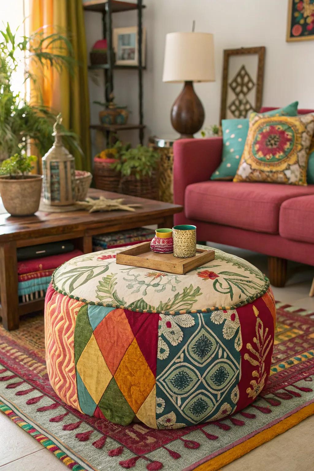 An eclectic fusion of styles highlighting a striking ottoman.