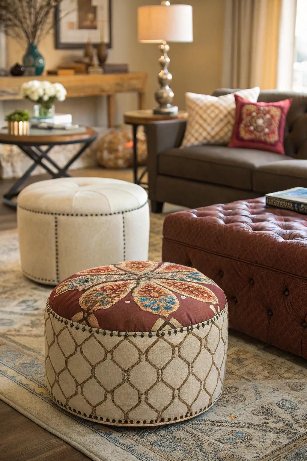 A diverse mix of ottoman styles creates a vibrant living room.