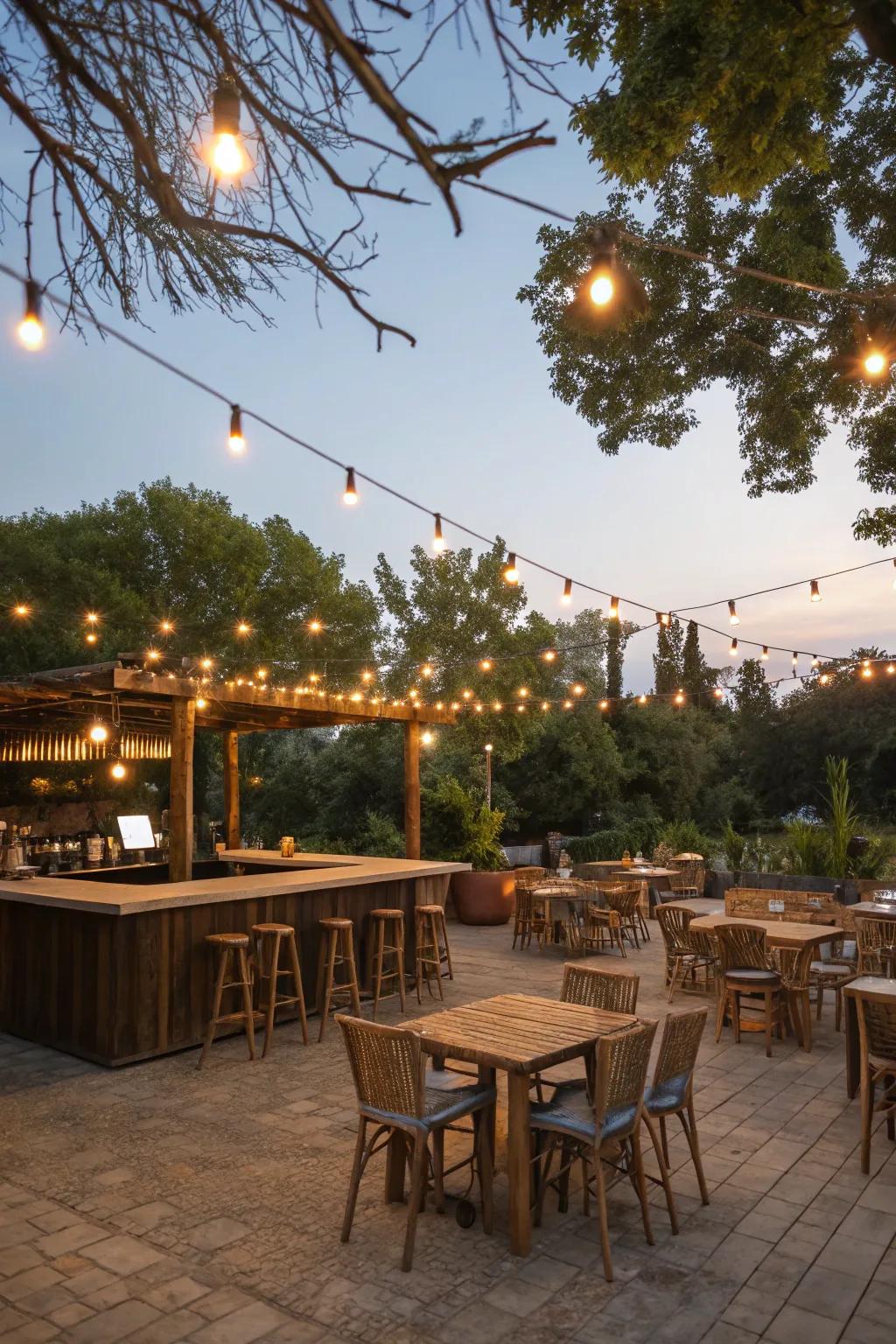 Twinkle ropes inject a whimsical touch to the bar.