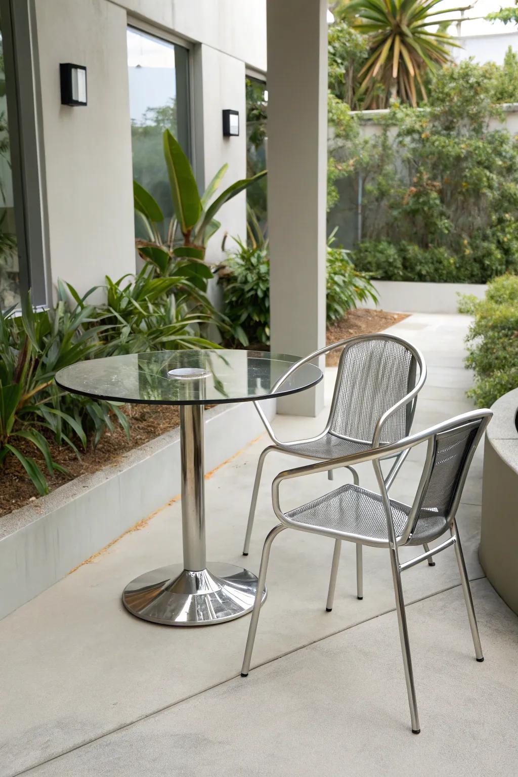 Art converges with function using sculpted small outdoor dining styles.