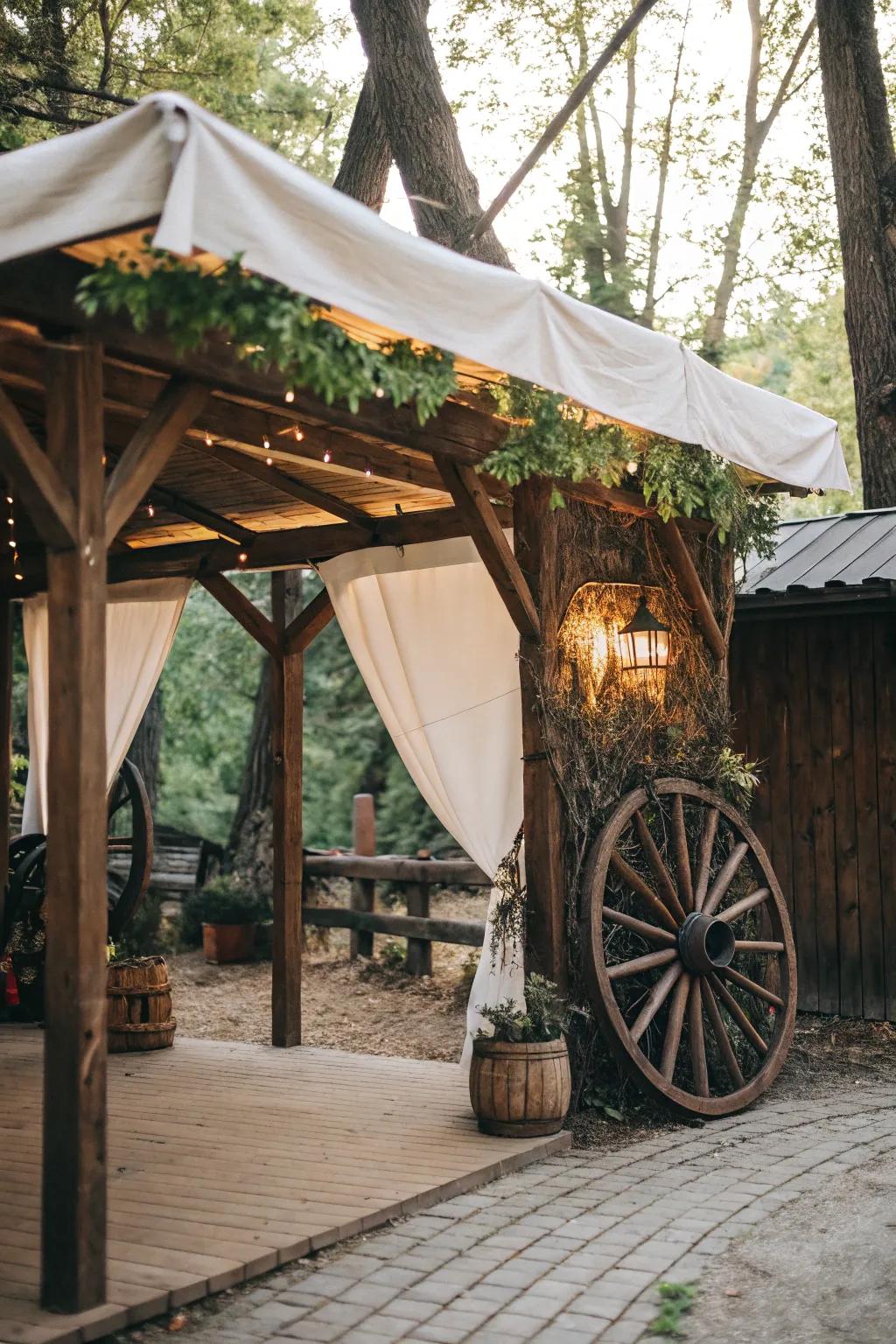 A wagon wheel canopy introduces nostalgic charm and ample shade.