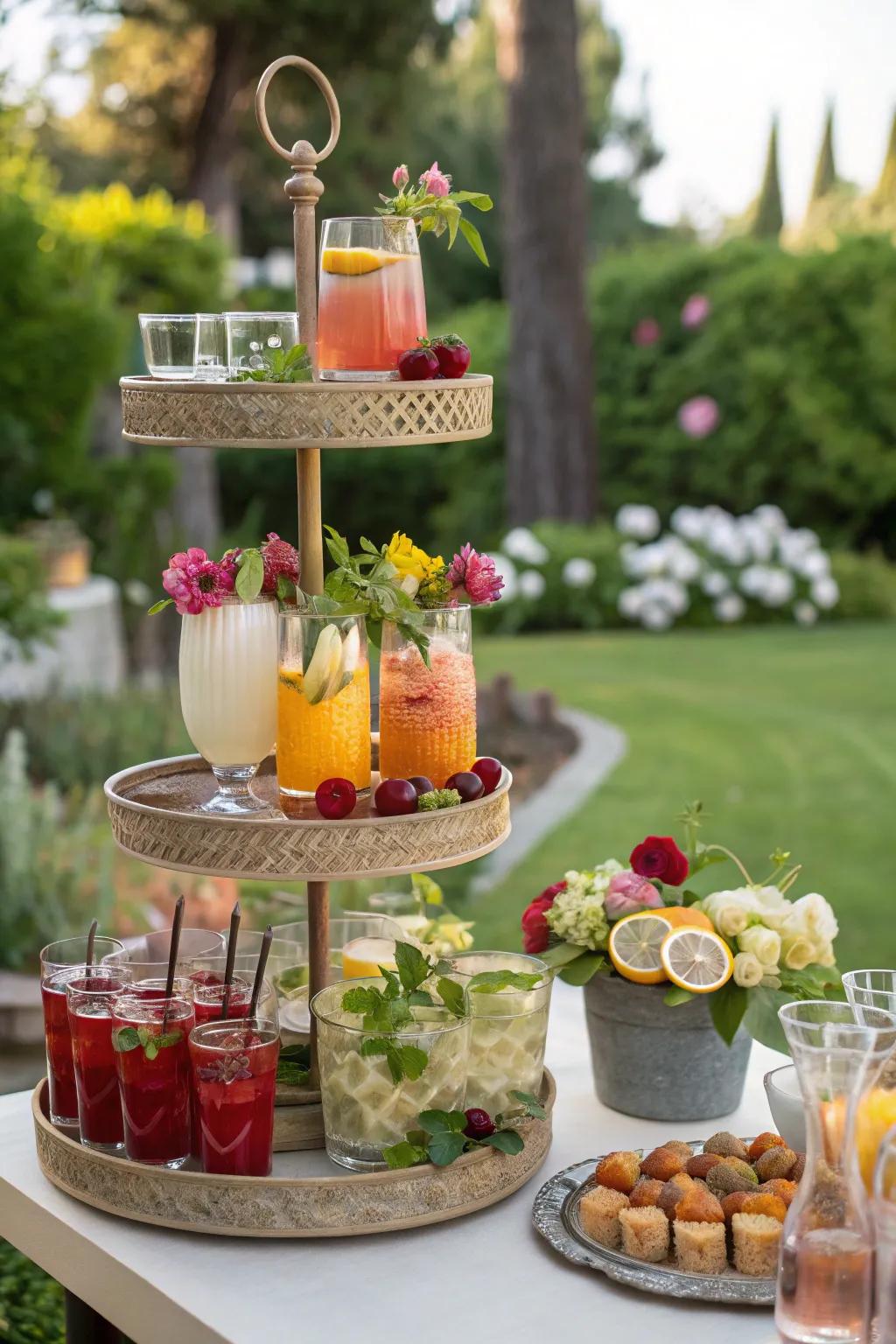 A multi-level arrangement organizes drinks.