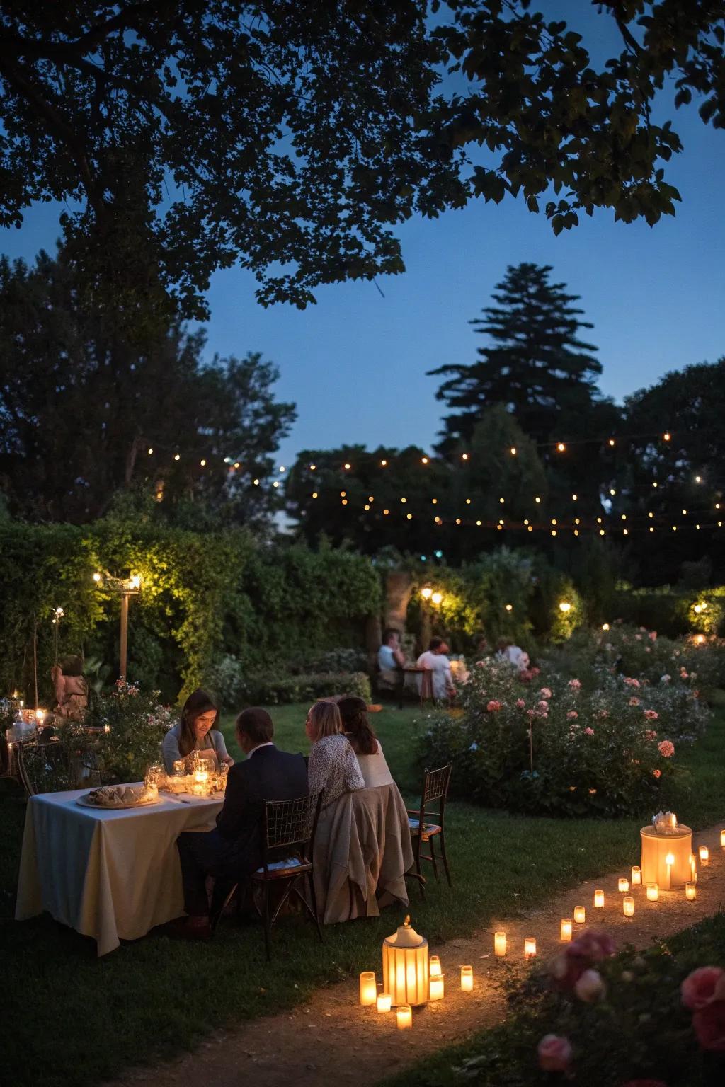 Candlelit tables fashion an elegant twilight ambiance.