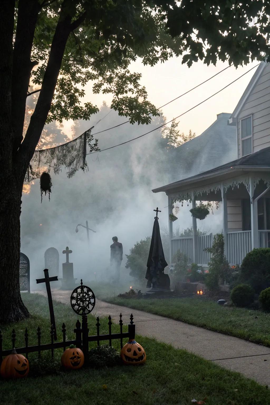 A mystical haze envelops the lawn, contributing to the Halloween enchantment.