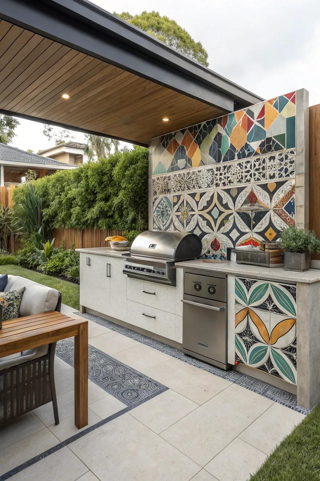 Geometric tiles add a modern and artistic flair to outdoor kitchen designs.