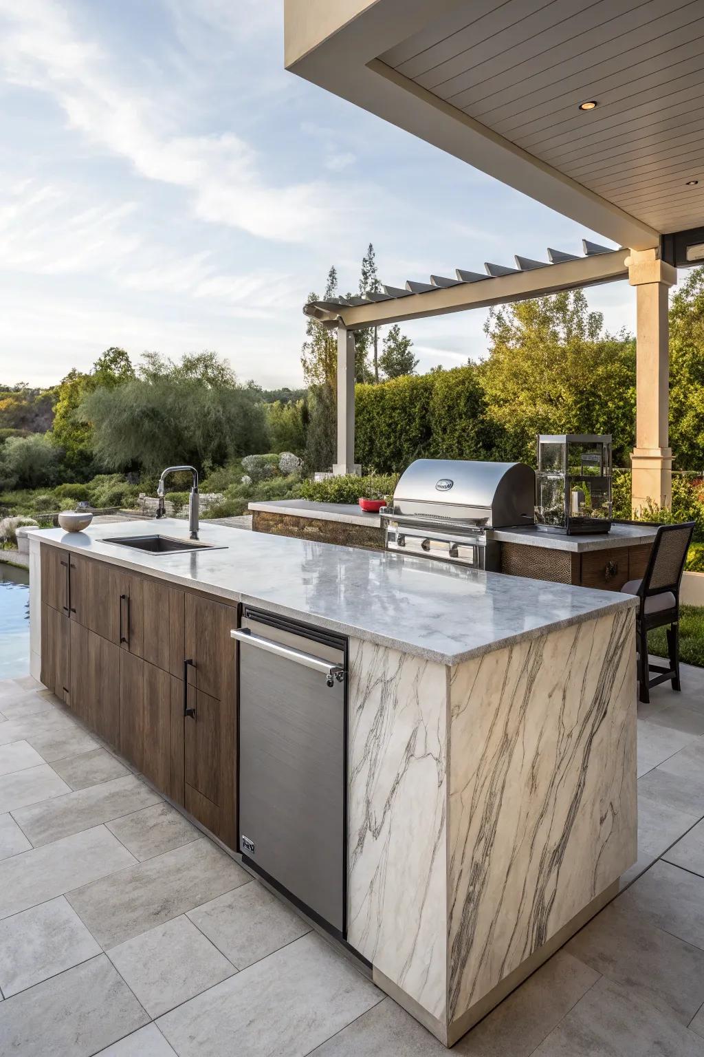 A modern outdoor cooking area featuring a stunning waterfall worktop.