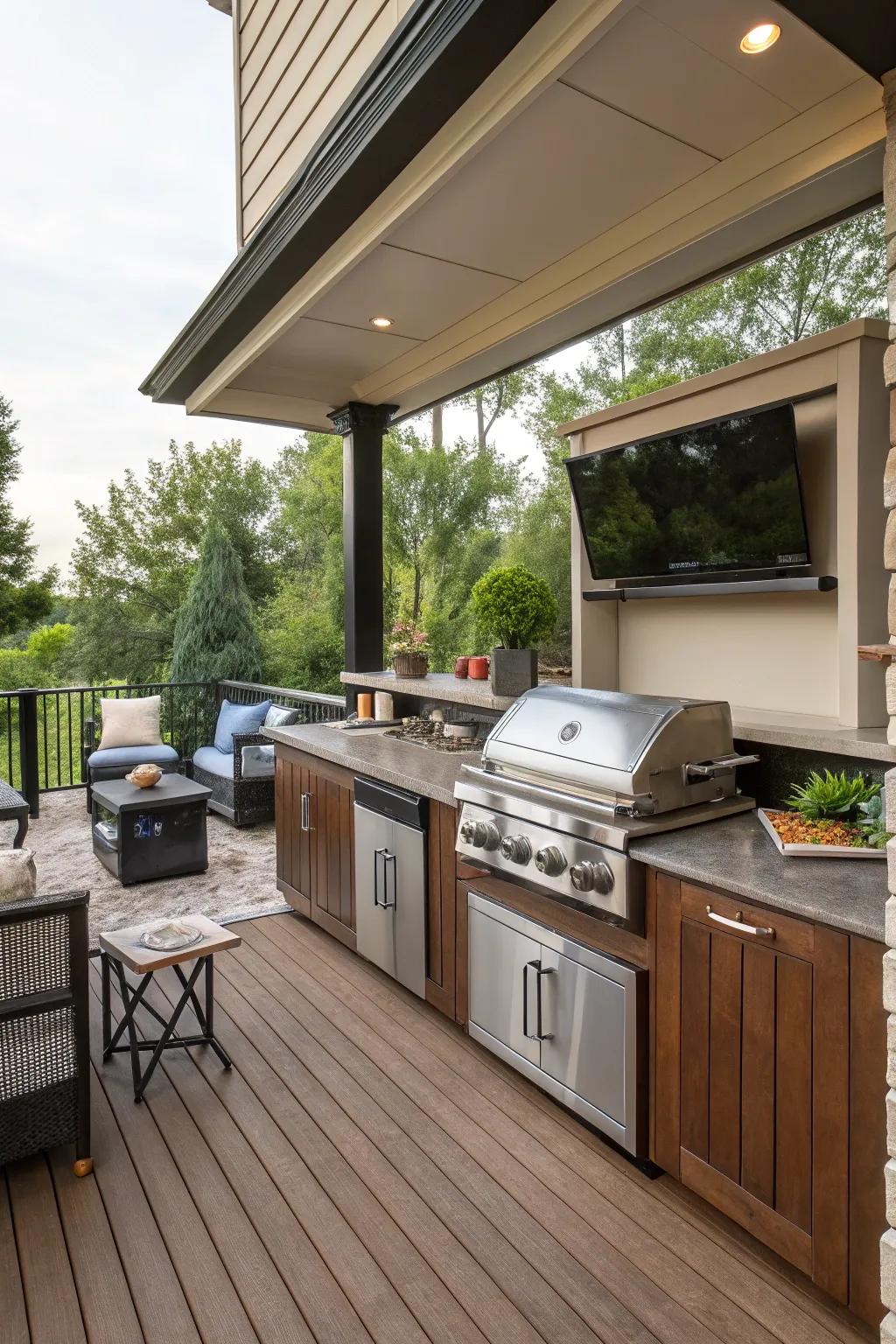 A multi-level patio offers different zones for cooking and entertainment.
