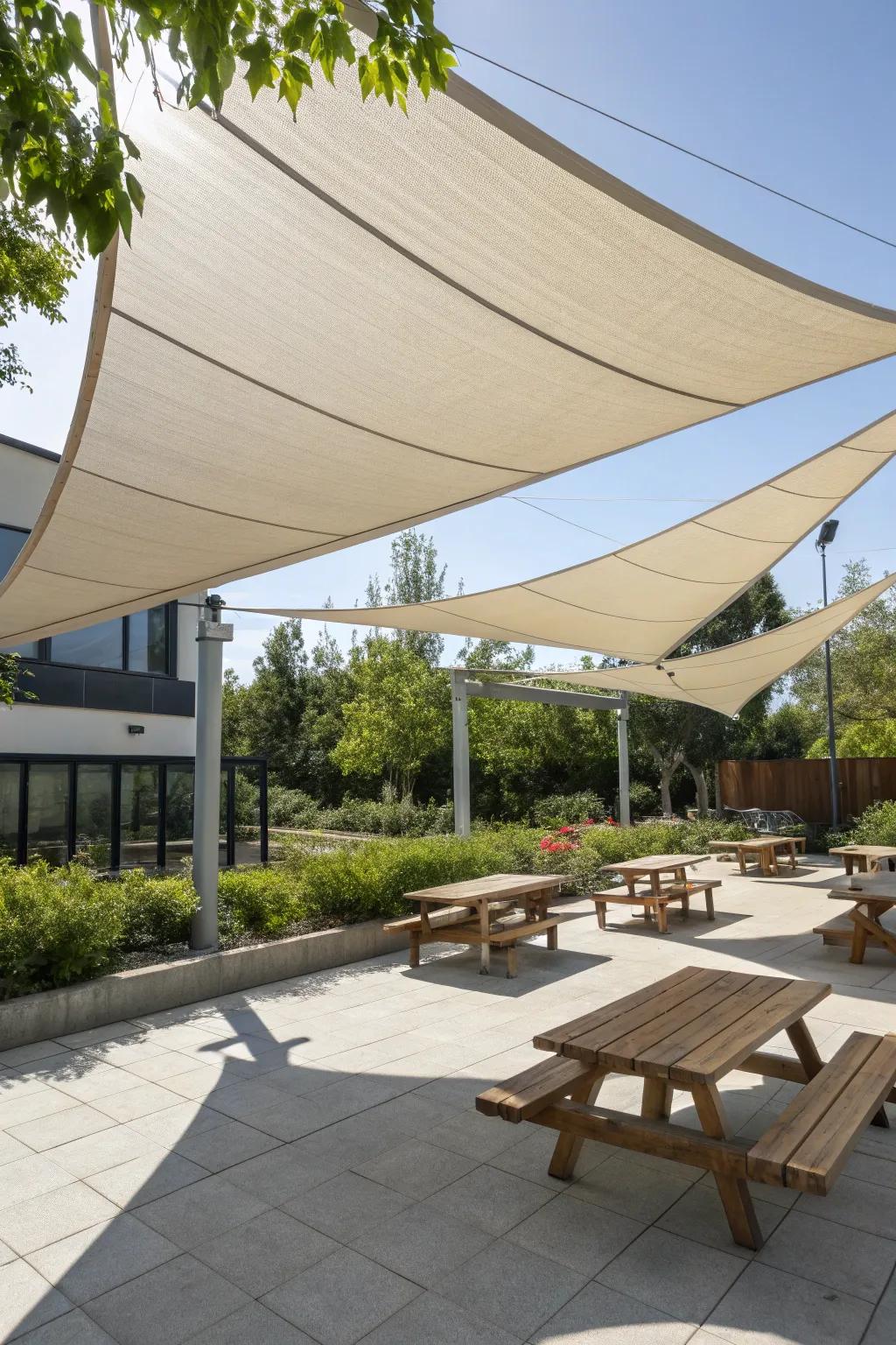 Fabric sunshades afford fashionable and useful coverage.