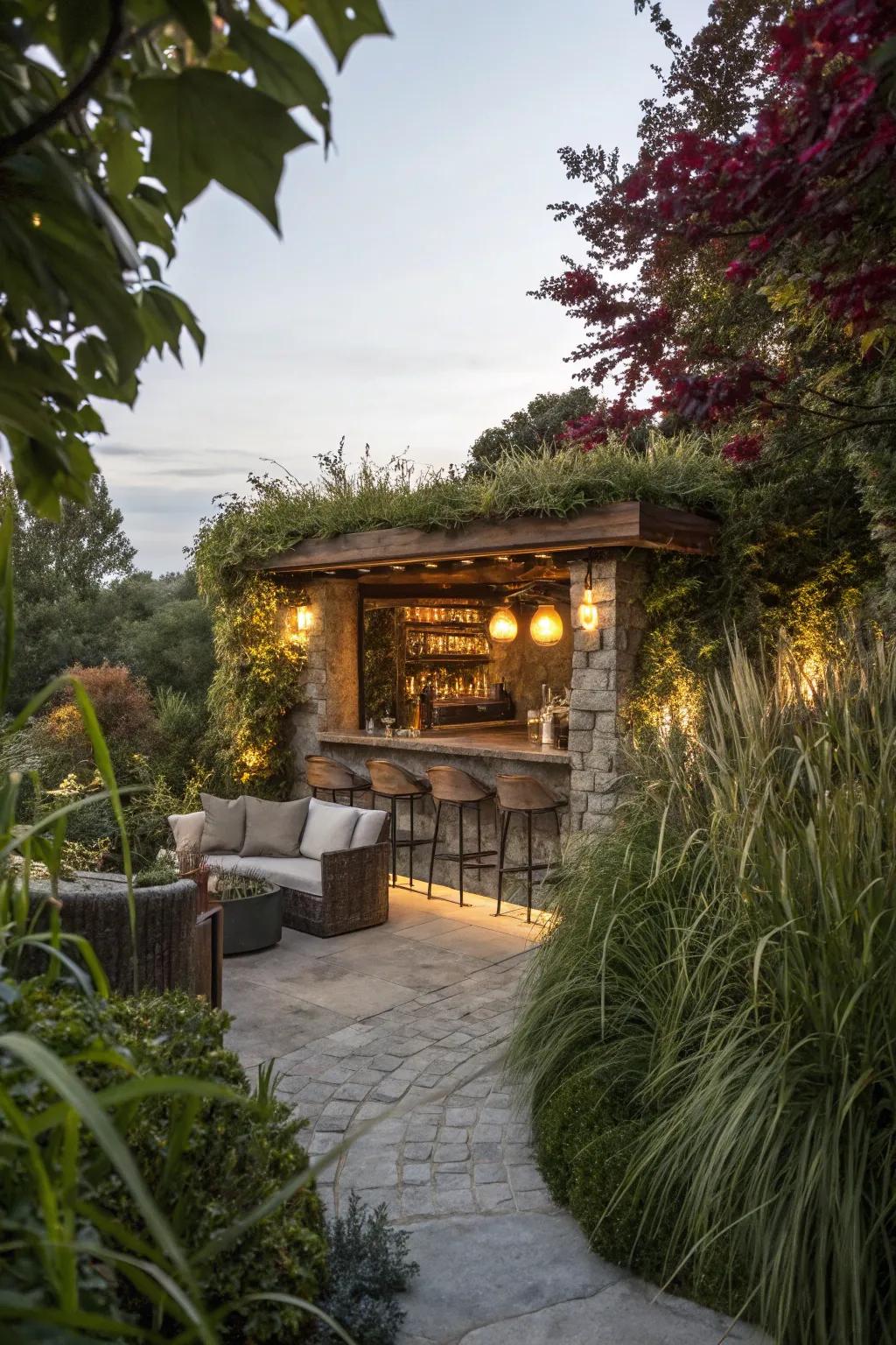 A hidden stone bar oasis for private relaxation.