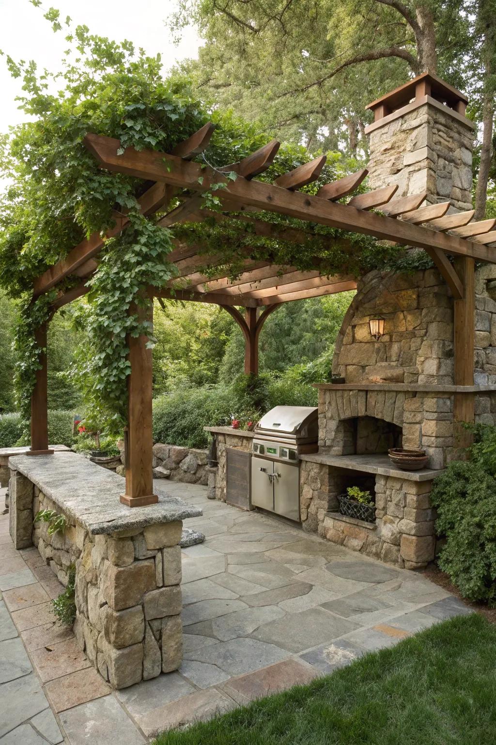 A pergola enhances the style and shade for your stone BBQ arrangement.