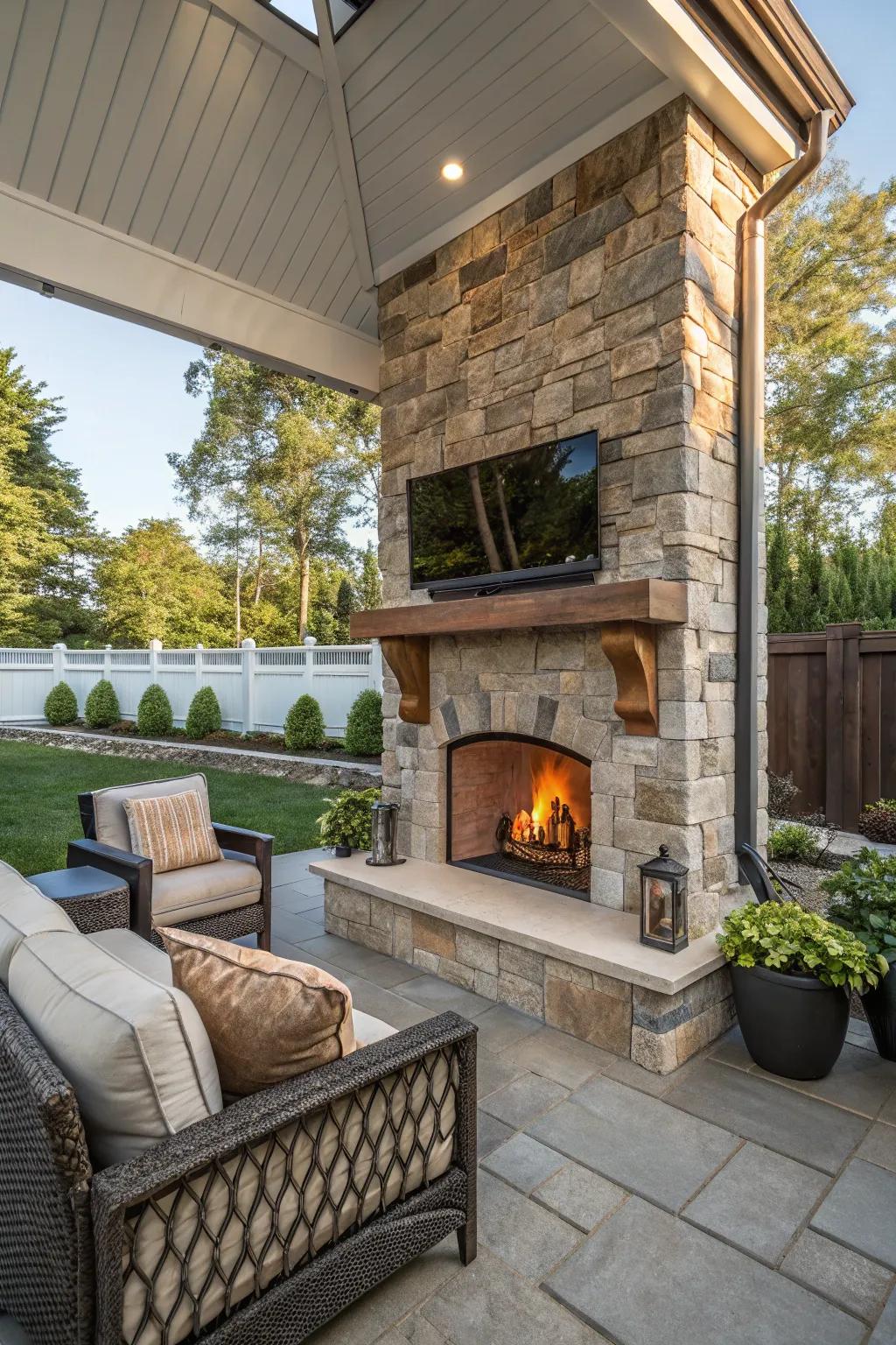 Integrate warmth and amusement with a fireplace television arrangement.