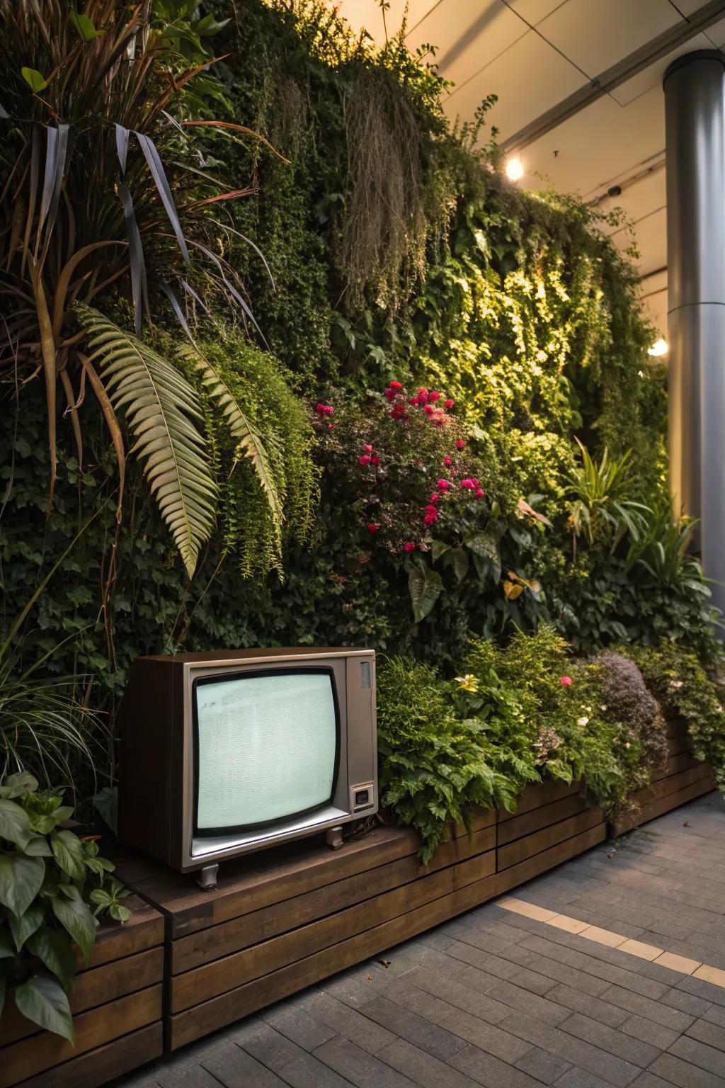 A vertical garden backdrop enhances your outdoor TV area with a touch of nature.