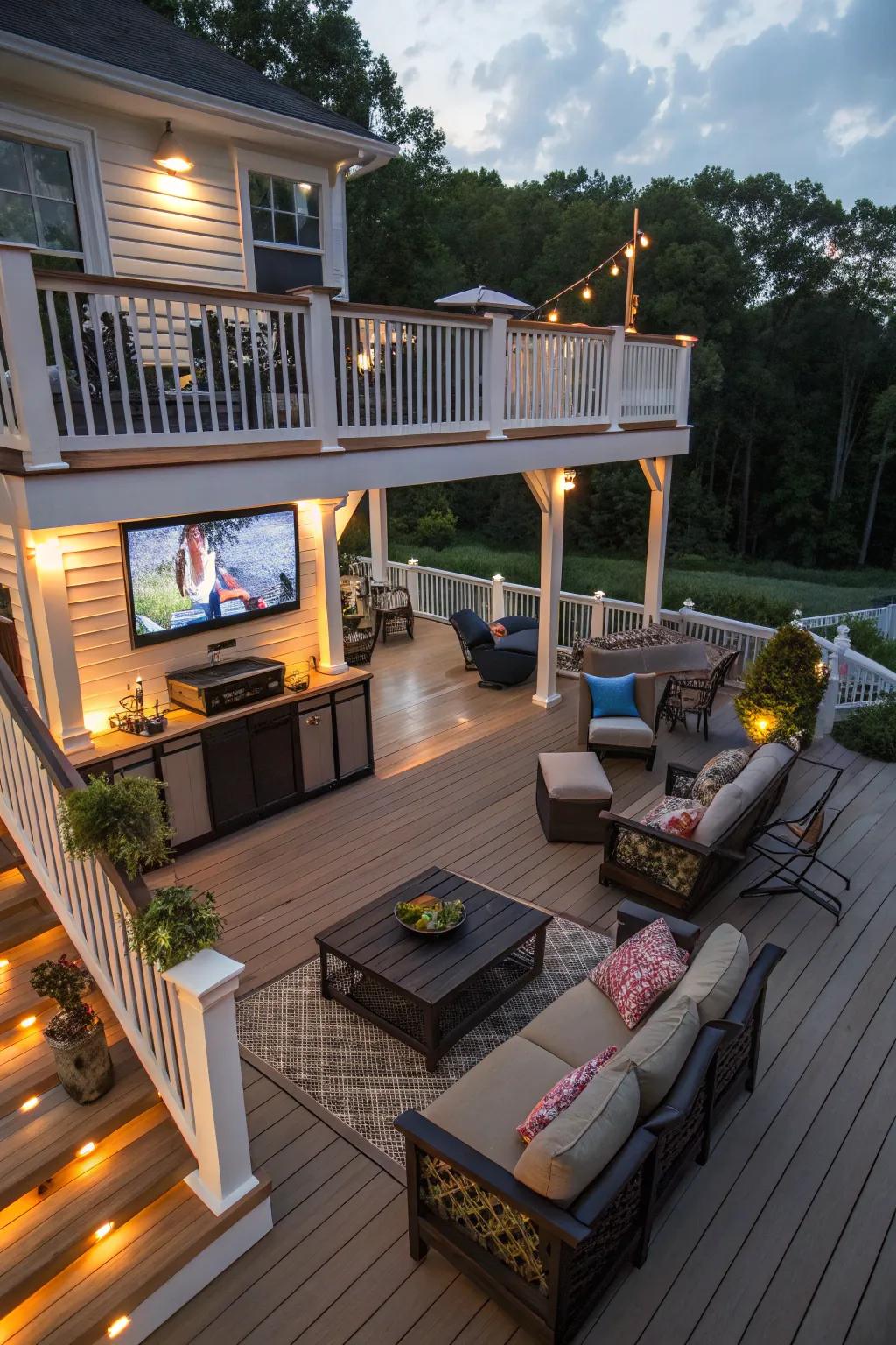 Multi-level decks craft distinct zones and elevate your outdoor TV area.