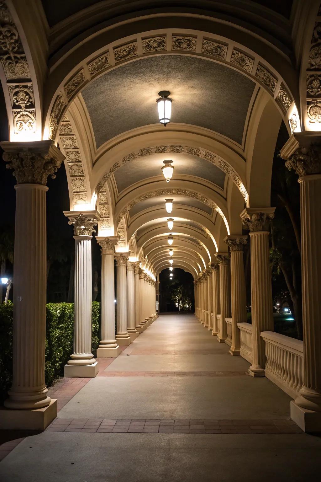 Downward-facing illumination beautifully highlights architecture.