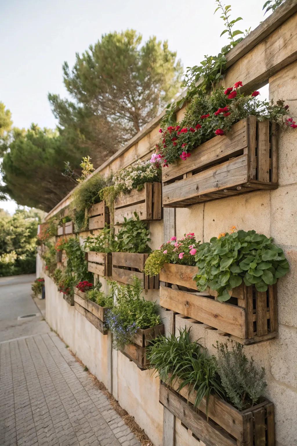 Convey a rustic allure by using wooden crate pots.