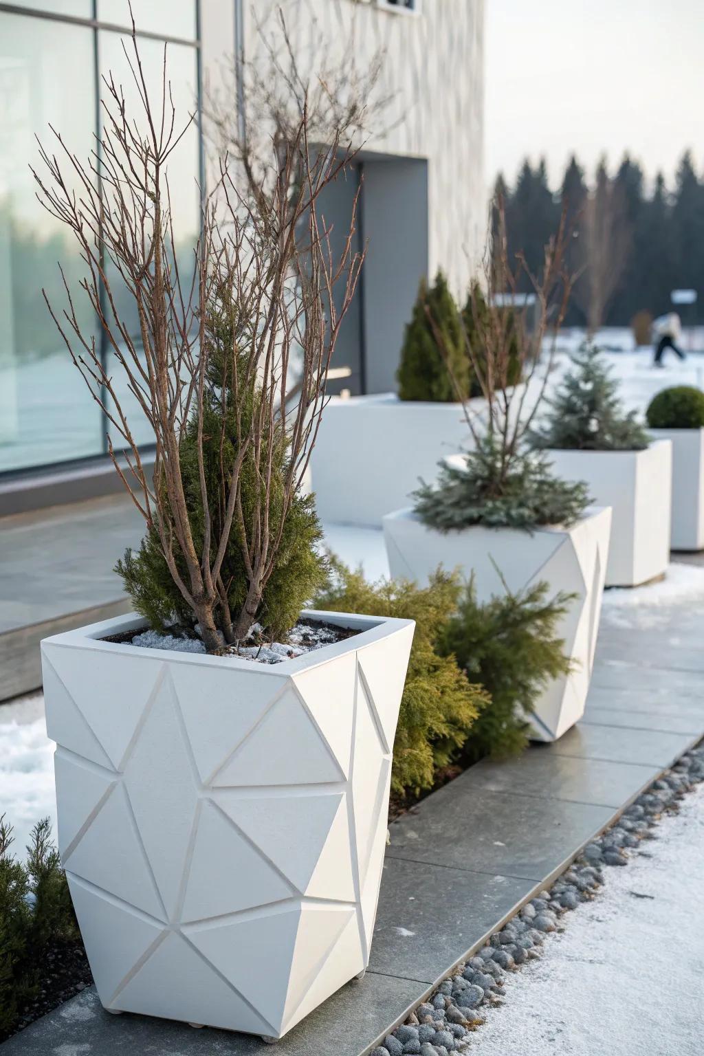 A modern take on winter design is offered by geometric pots.