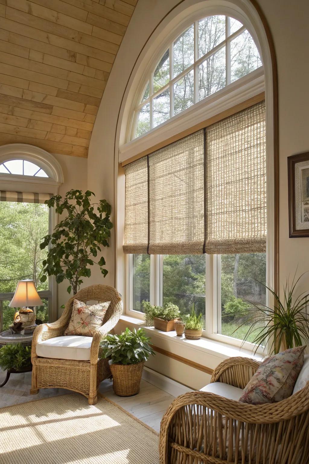Embossed blinds add depth and interest to oval windows.
