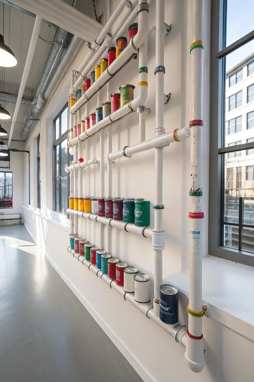 PVC pipes utilized to arrange paint cans in a contemporary art studio.