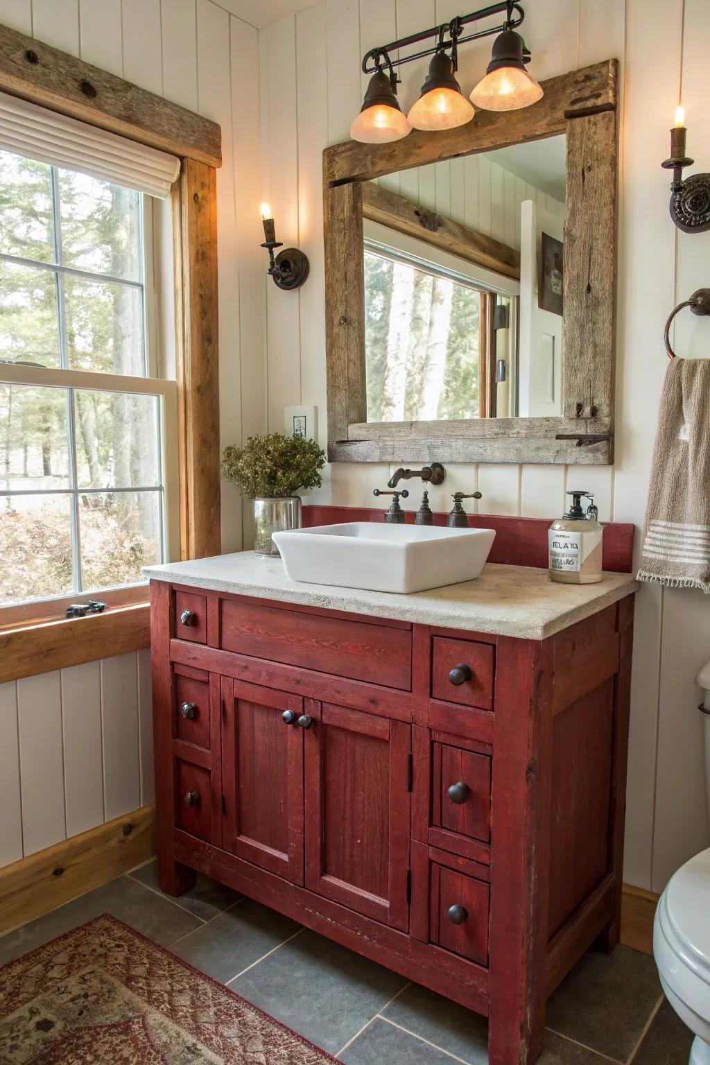 Barnwood vanities offer rustic farmhouse charm.